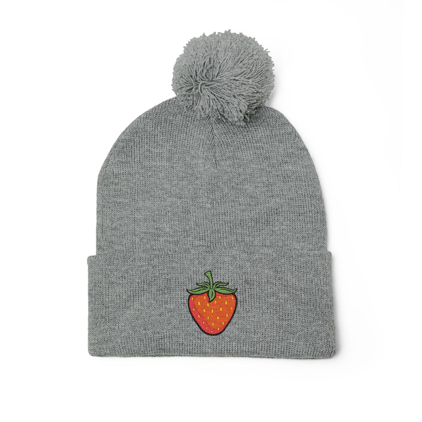 Strawberry Embroidered Pom-Pom Knit Beanie Cap | Berries Winter Cuffed Beanies with Fruit Embroidery