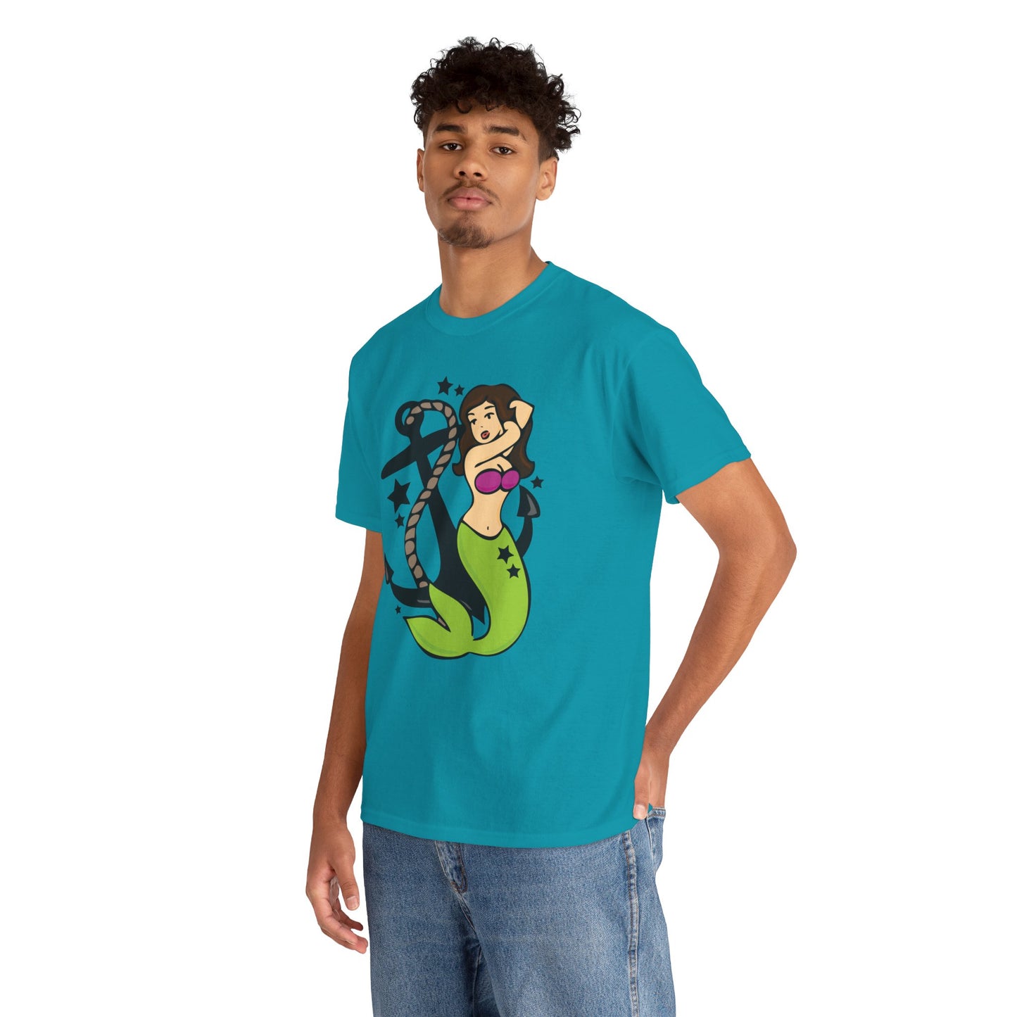 Mermaid Pinup Tattoo T-shirt Unisex Heavy Cotton Tee Womens Mens Nautical Anchor Mermaid Shirt