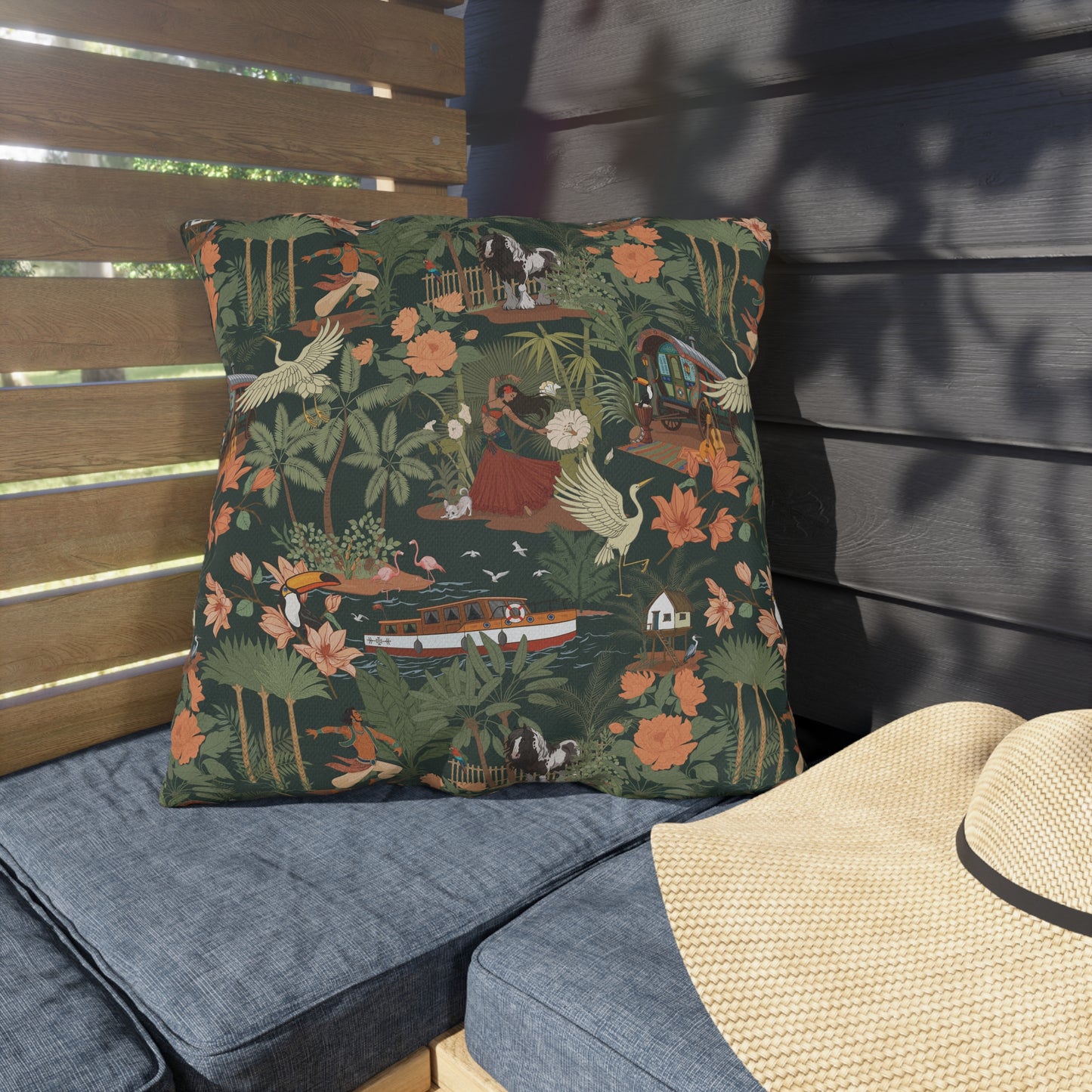 Tropical Nomad Jungle Scene Outdoor Pillows | Vintage Bird Boat Floral Pattern Patio Deck Throw Pillow