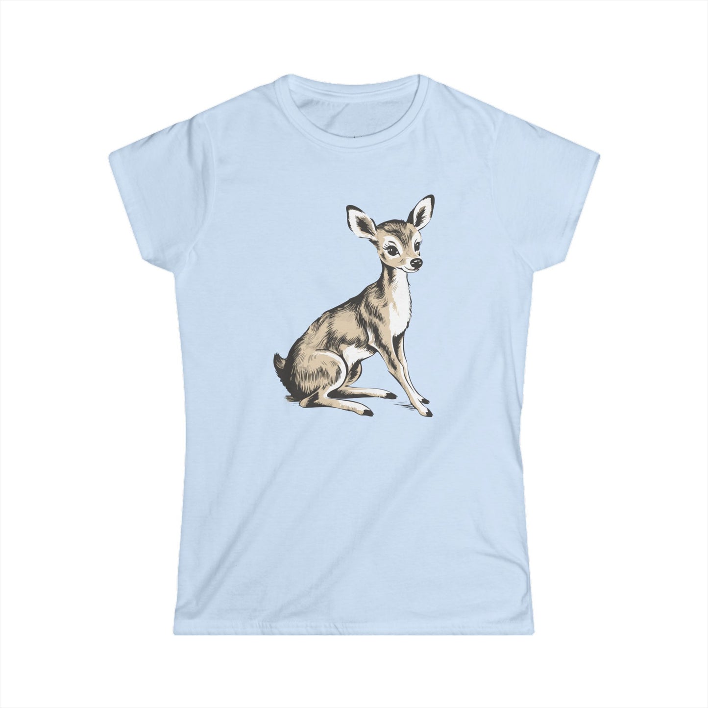 Deer Print Women's Tee, Cute Fawn Artwork Shirt, Soft Cotton T-Shirt, White Doe Graphic Tee, Nature-Inspired Shirt