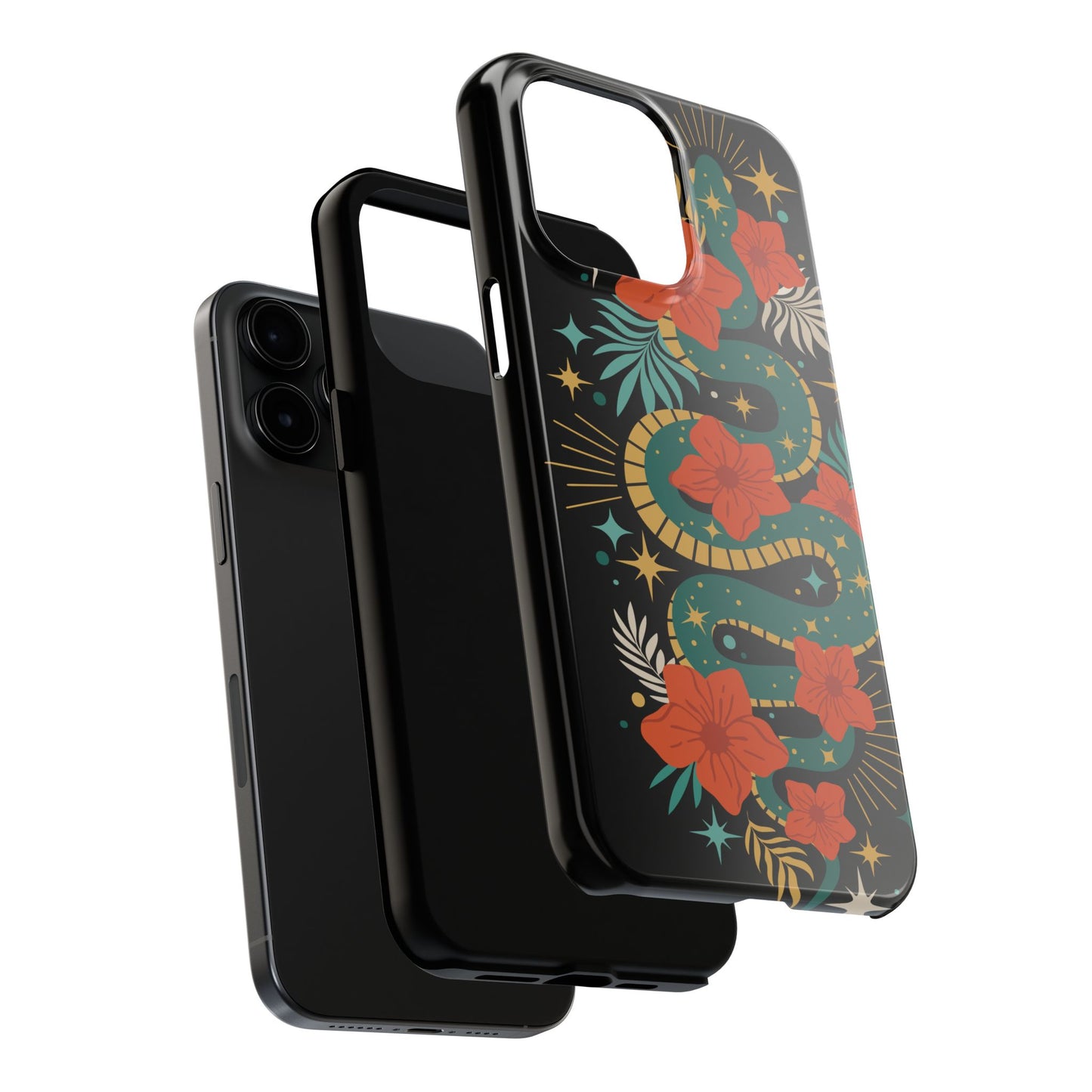 Mystic Snake Cell Phone Case, Black Tough Phone Cases Boho Serpent Snakes Floral Design