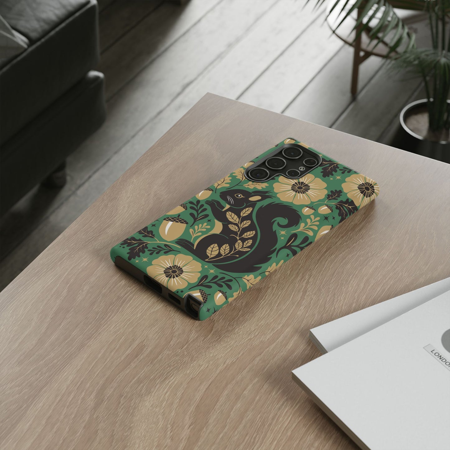 Green Squirrel Floral Pattern Cell Phone Case | Botanical Folk Art Acorn Leaves Design, Iphone Google Pixel Samsung Cases Matte Finish