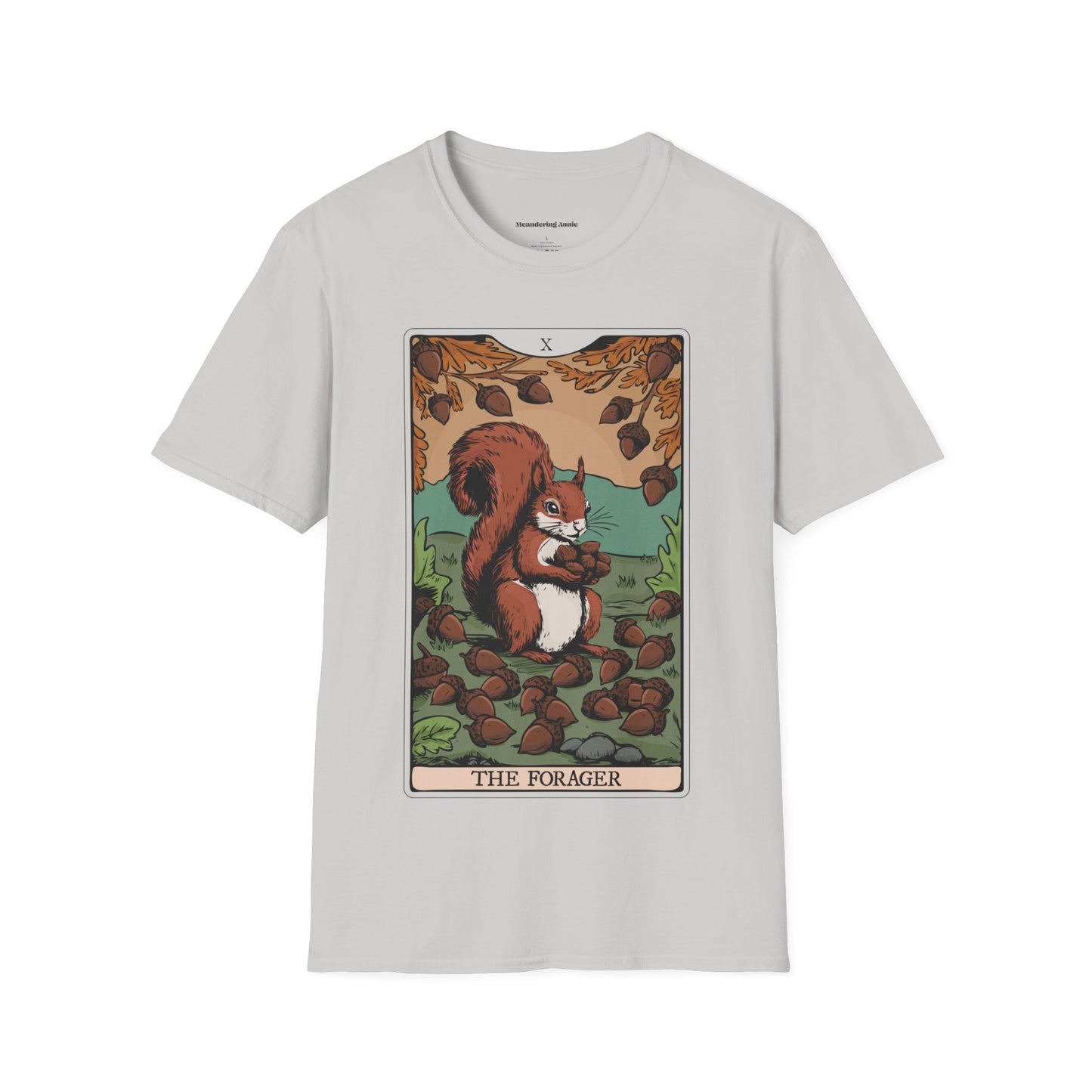 The Forager Squirrel Tarot Card T-shirt Softstyle Graphic Tee with Nut Foraging Squirrels Tarot Card Print