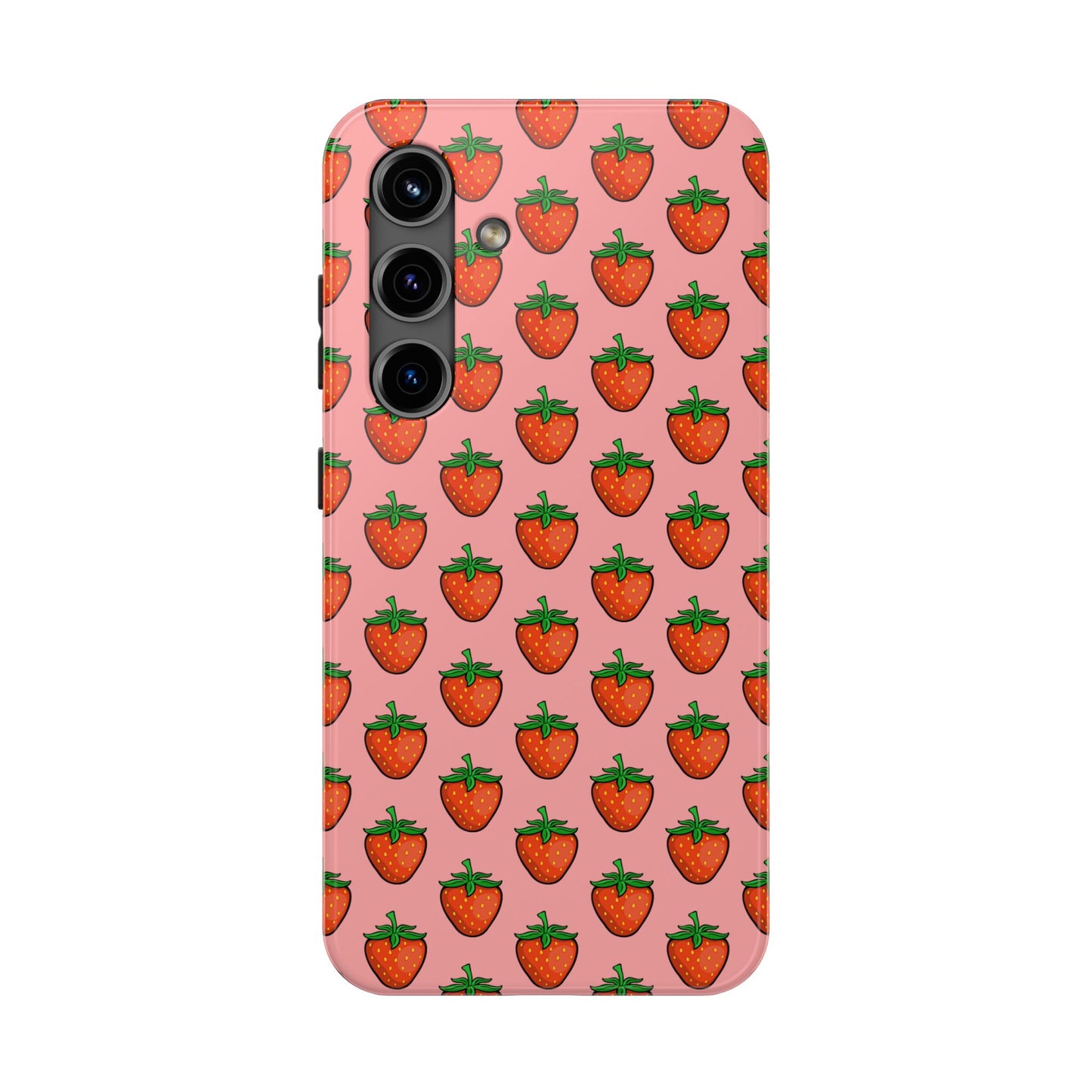 Strawberry Pattern Tough Phone Case, Cute Pink Berry Fruit Strawberries Design Cell Phone Cases