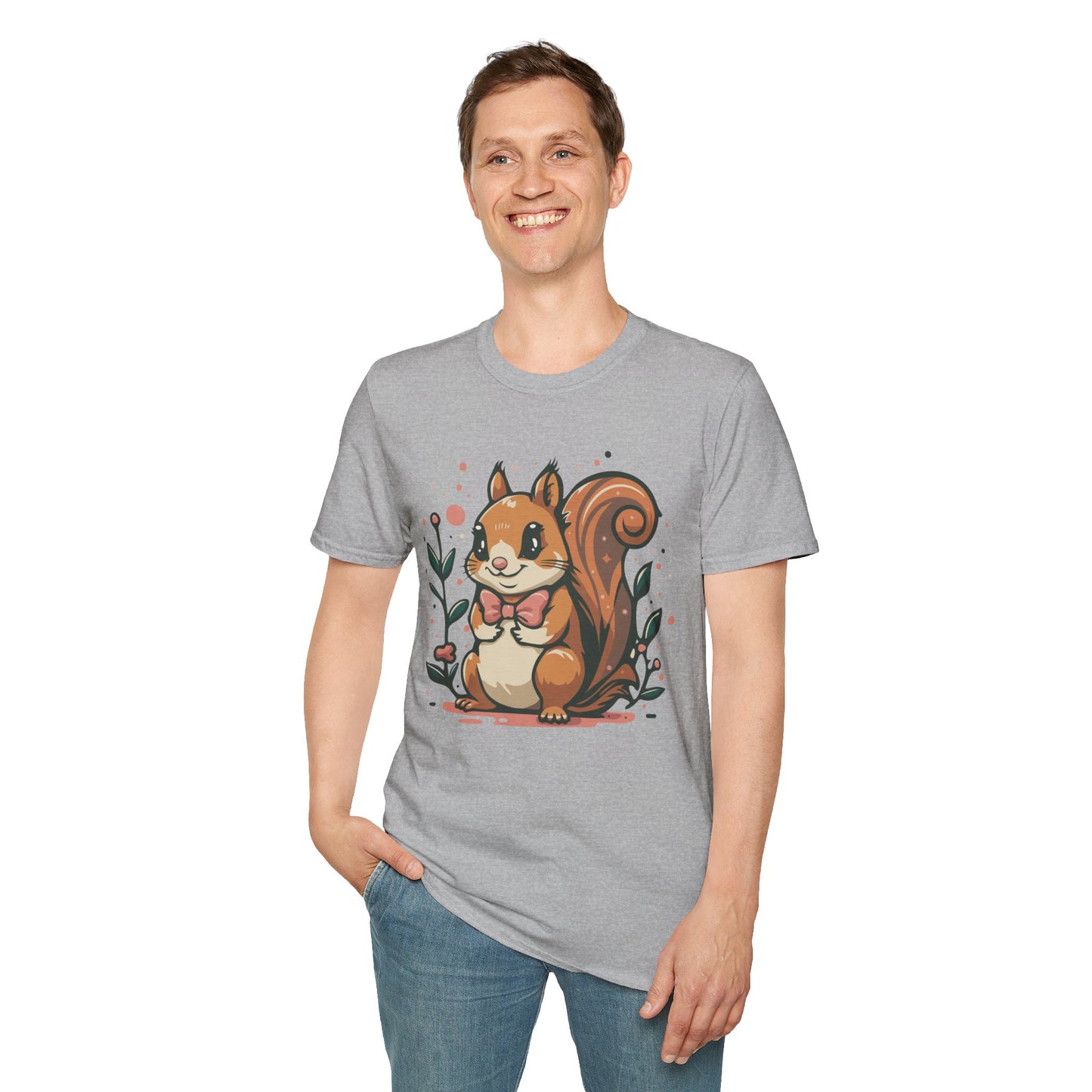 Woodland Squirrel Soft Style T-Shirt - Cute Squirrel with Bowtie and Flowers on Soft Unisex Tee