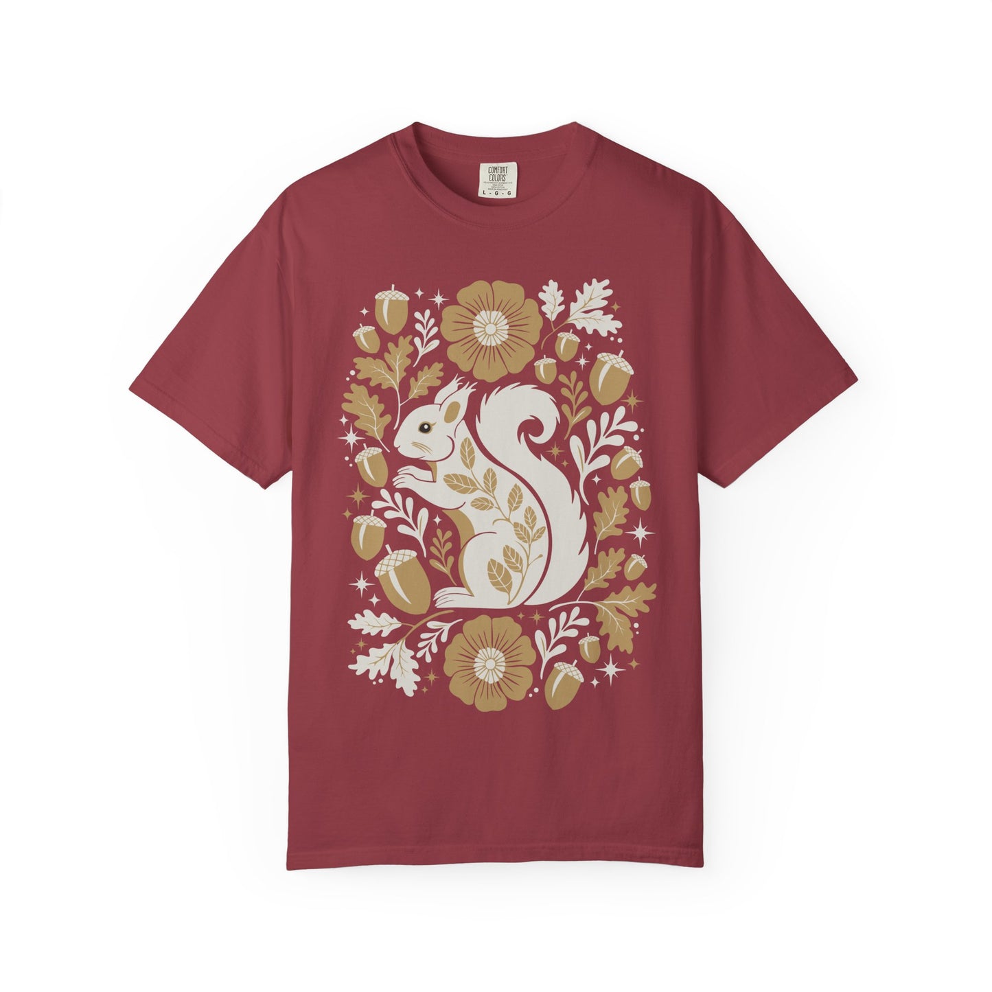 Woodland Squirrel Illustration T-shirt | Floral Acorn Oak Leaf Nature Design Squirrels Tee, 100% Cotton Short Sleeve Shirts