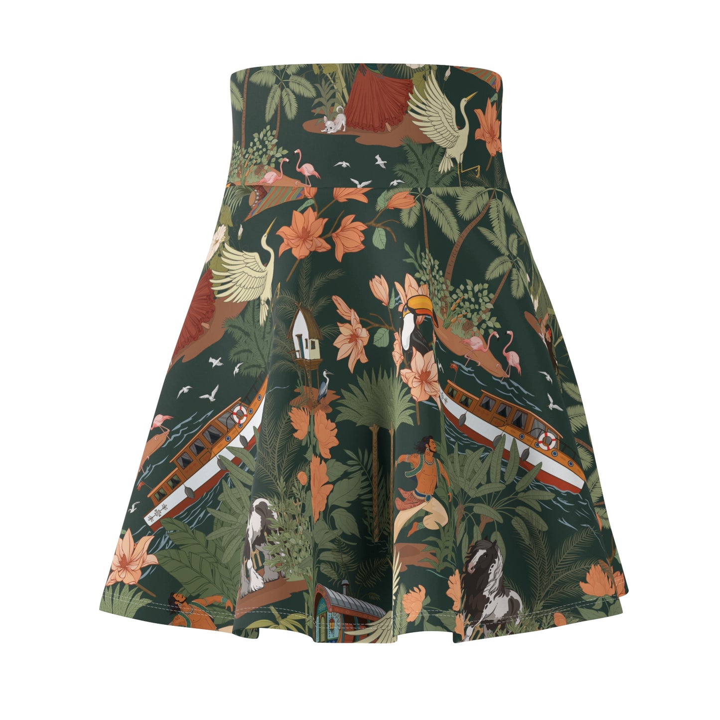 Tropical Nomad Bird & Floral Print Skater Skirt | Womens Jungle Botanical Pattern Summer Vacation Outfit Flared Skirts