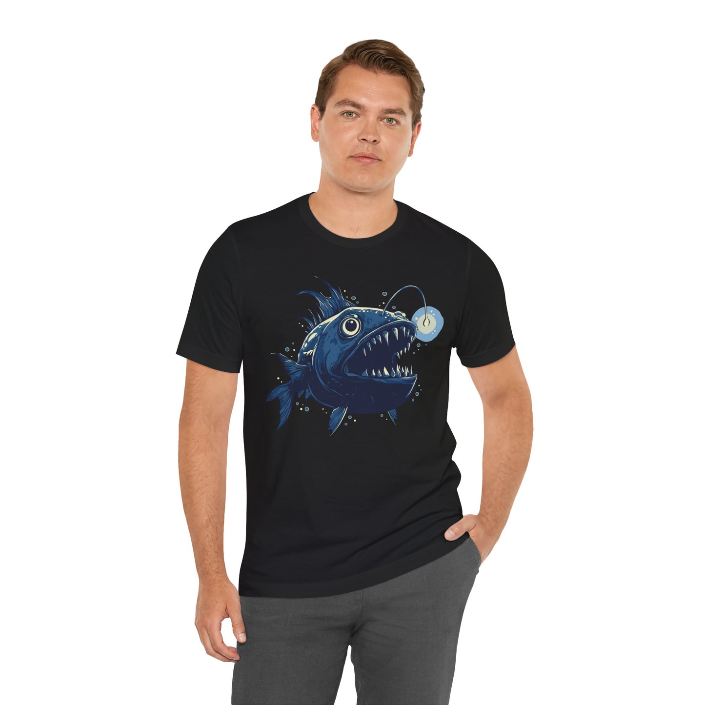 Deep Sea Anglerfish T-shirt, Ocean Life Angler Fish Bioluminescent Lure Tee - Short Sleeve Cotton Tees Mens Womens Unisex