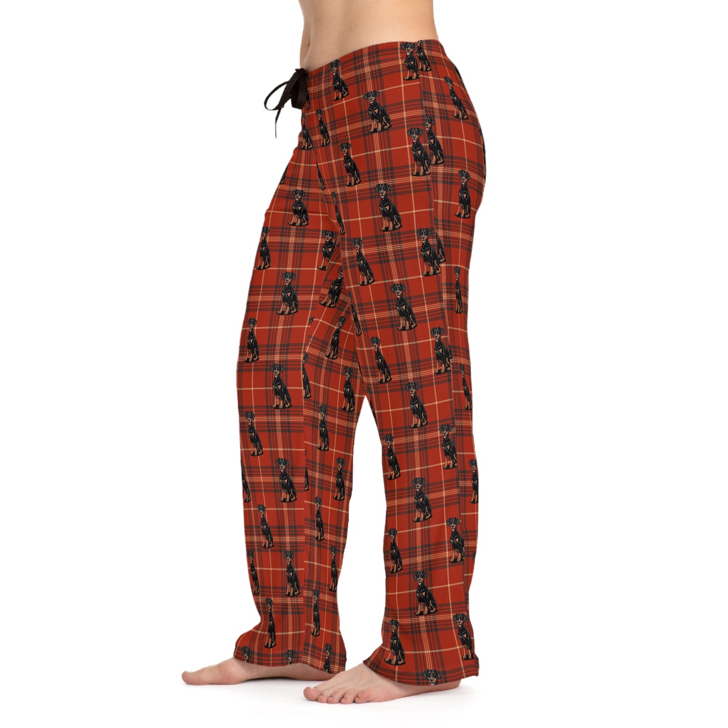 Red Plaid Doberman Pinscher Dogs Women's Pajama Pants, Dog Dobermans PJ Bottoms, Winter Loungewear, Christmas Holiday Sleepwear