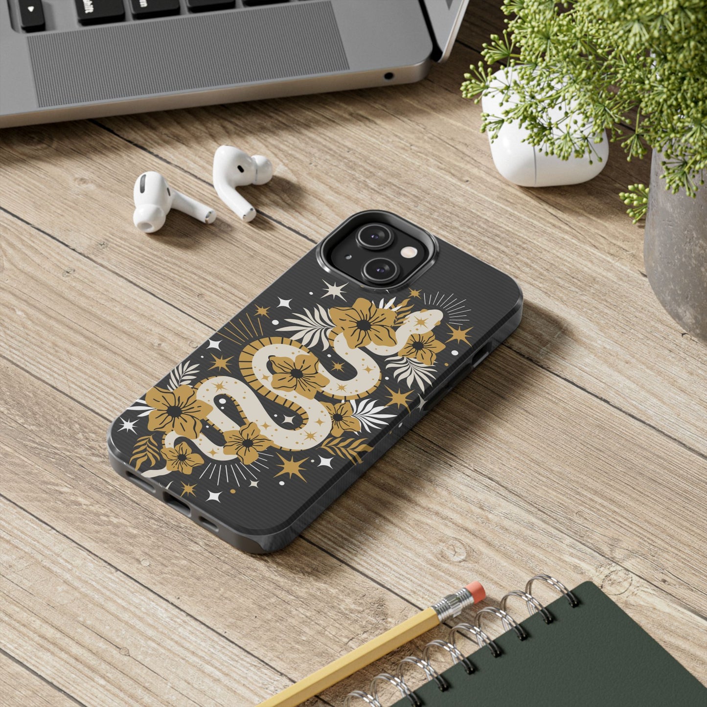 Mystic Snake Cell Phone Case, Black Tough Cases, Protective Floral Golden Serpent Boho Design