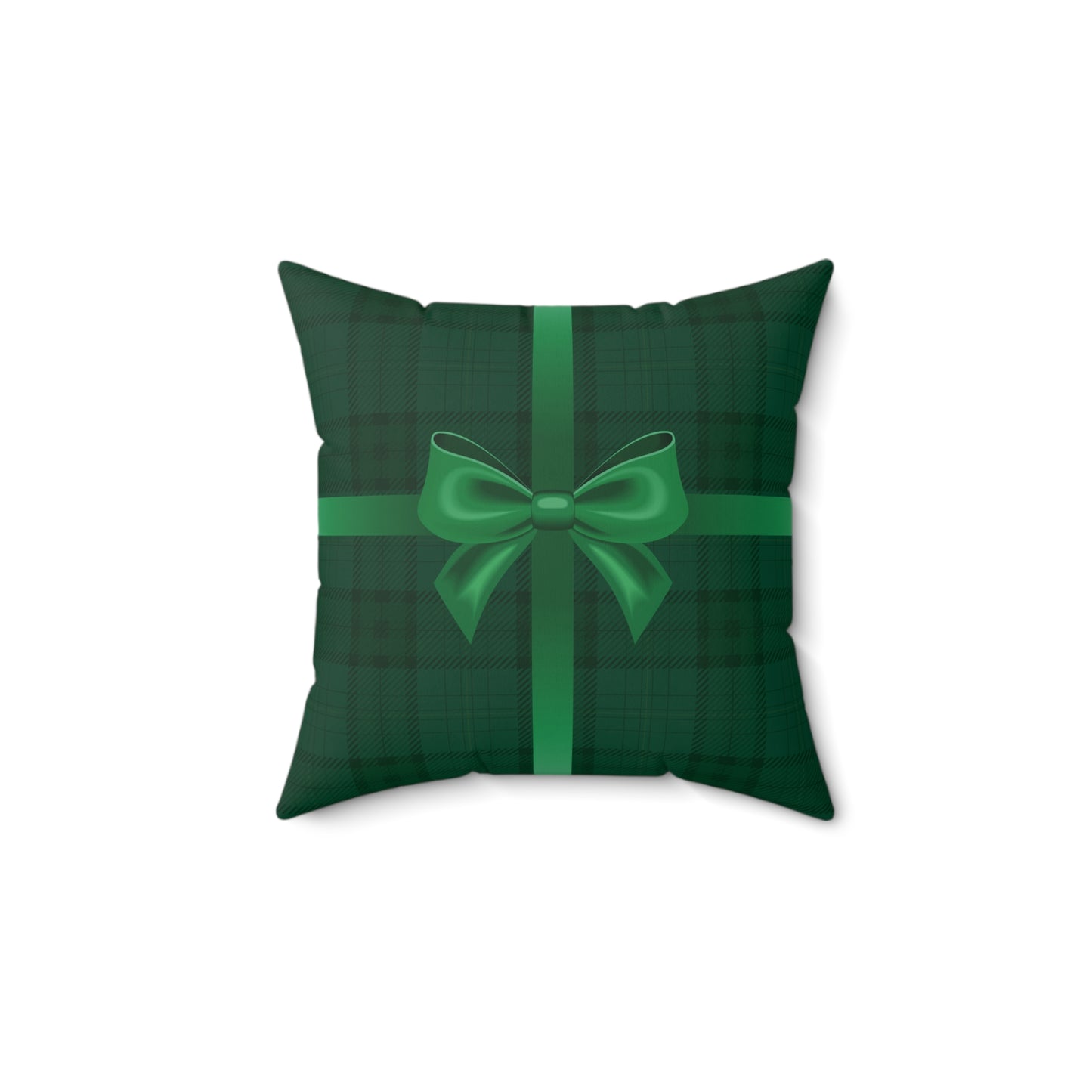 Holiday Gift Throw Pillow, Green Bow on Green Plaid Wrapped Present Pillows, Christmas Home Decor Xmas Decorations, Square Cushion and Cover