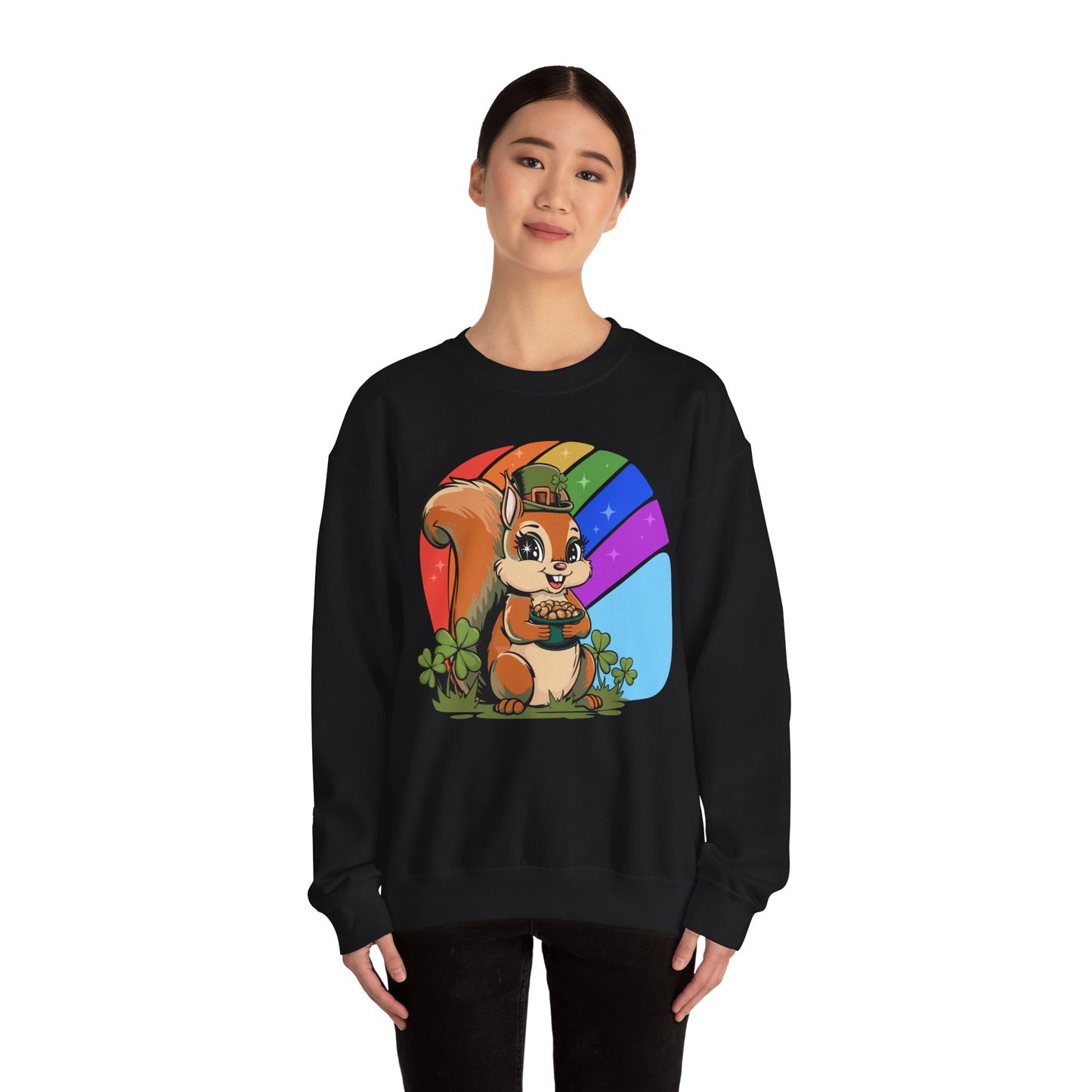 St Patrick's Day Crew Neck Sweatshirt with Leprechaun Squirrel, Spring Holiday Sweater Lucky Charm Unisex Long Sleeve Top