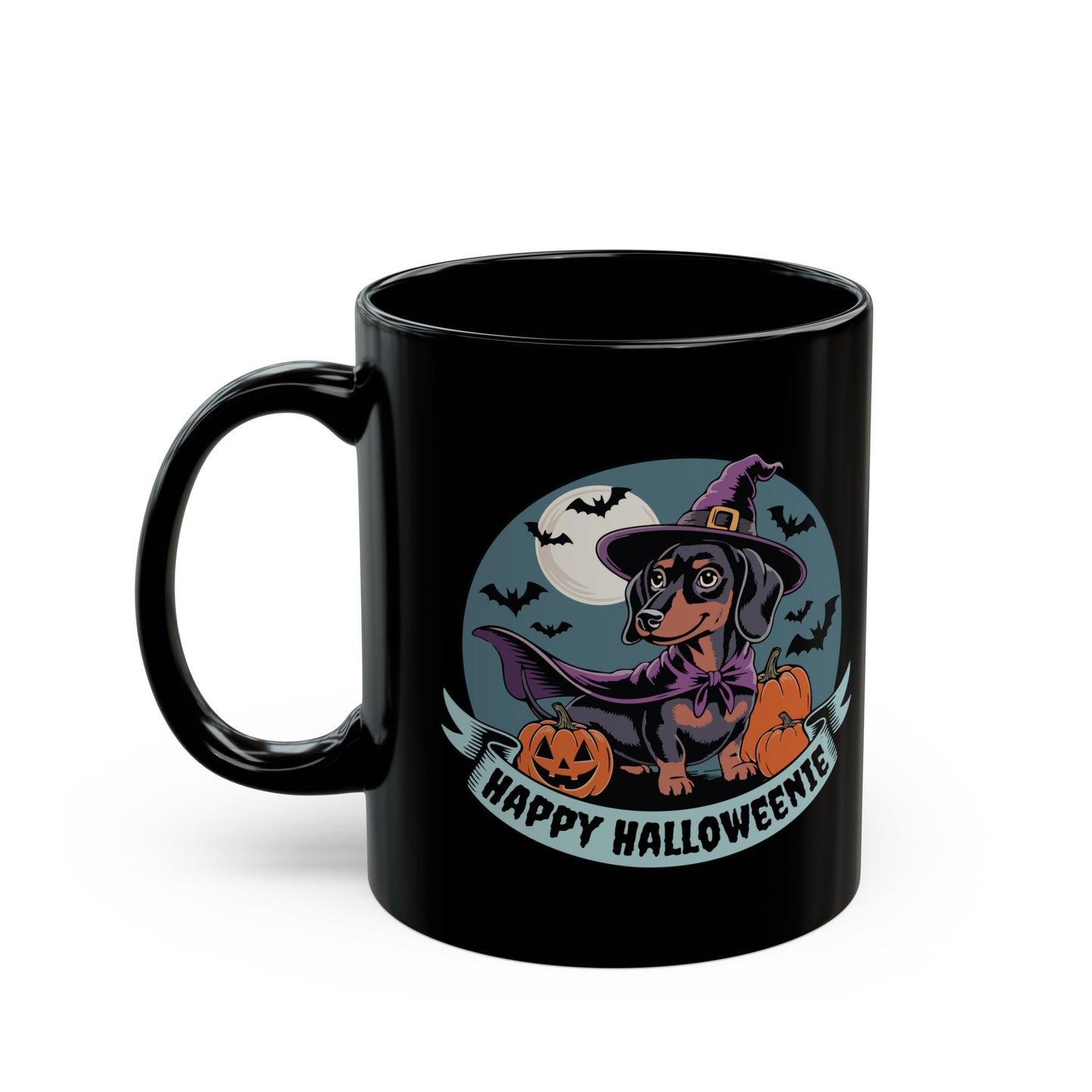 Halloween Coffee Mug, Funny Halloweenie Dachshund Witch Design, Spooky Black Coffee Cup, Fall Dog Owner Gift, Weiner Dogs Mugs, 11oz