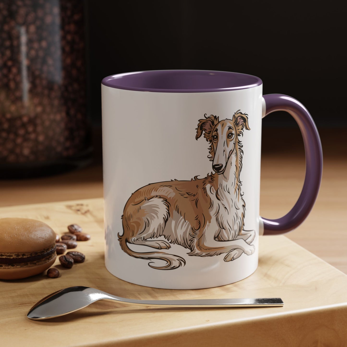 Lounging Borzoi Dog Illustration Mug | Purple Accent Coffee Tea Mugs 11oz with Russian Hunting Sighthound Borzoi Dogs Drinkware Cups
