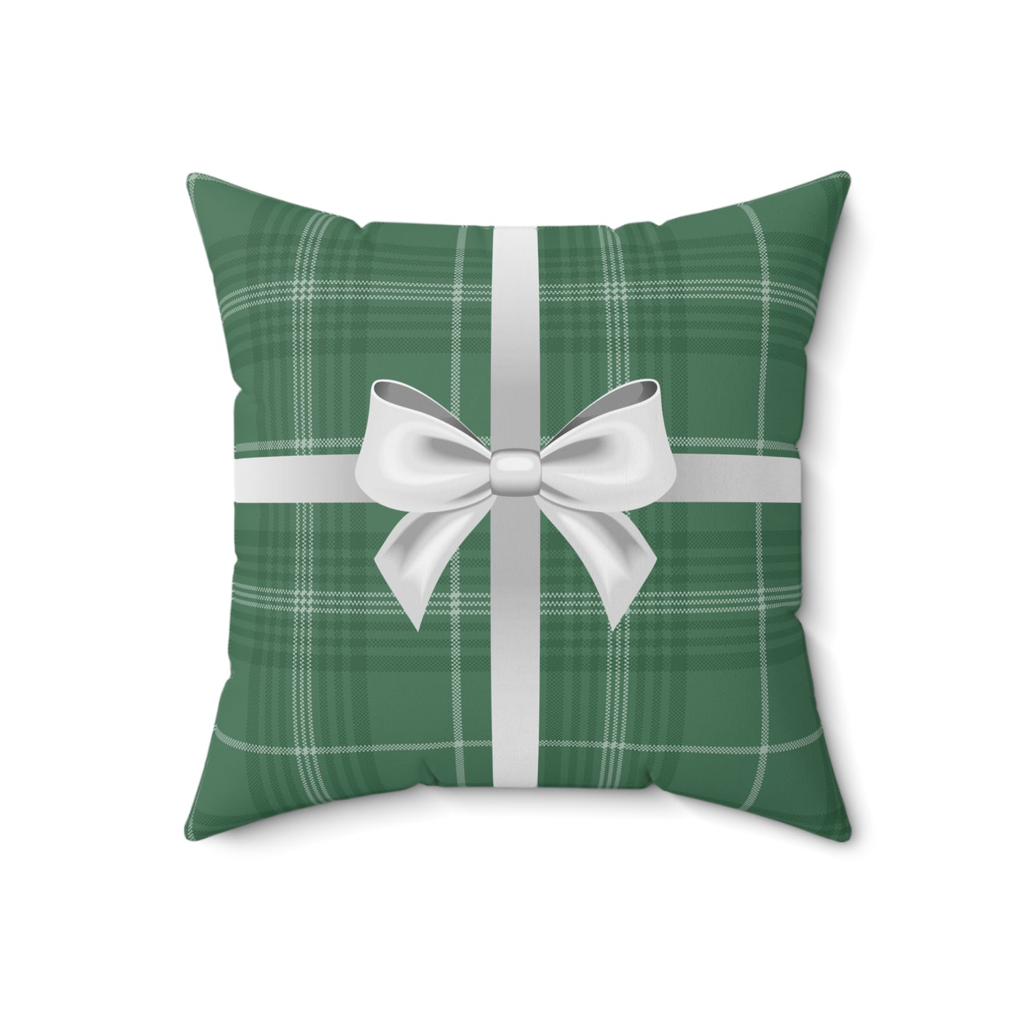 Holiday Gift Throw Pillow, White Bow on Green Plaid Wrapped Present Pillows, Christmas Home Decor Xmas Decorations