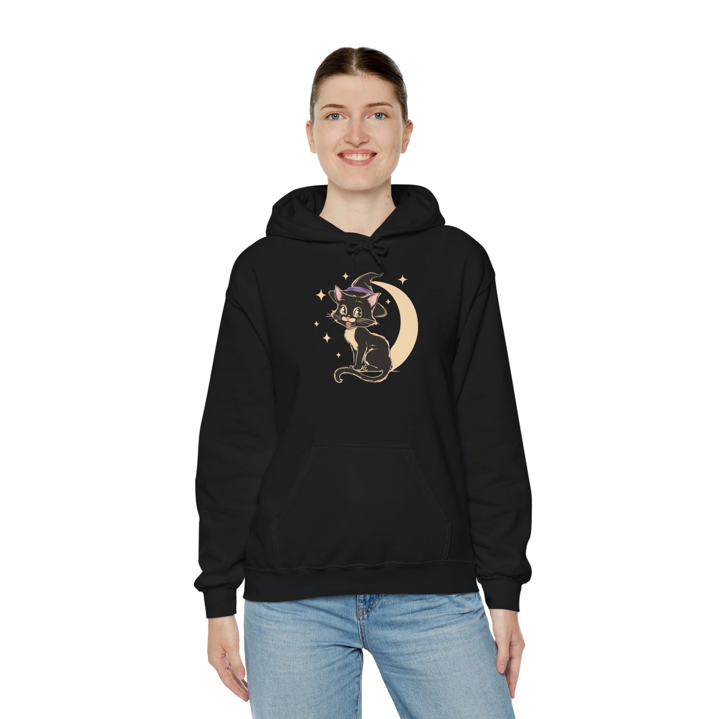 Witchy Kitty Pullover Hoodie Halloween Hooded Sweatshirt with Black Cat with Witch Hat & Crescent Moon Print