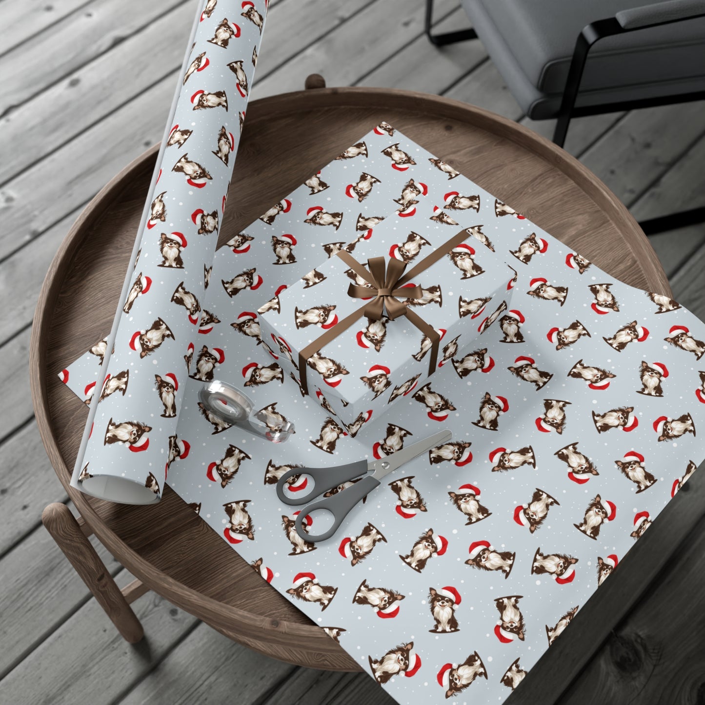 Long Haired Chihuahua Dog Christmas Wrapping Paper, Dogs Print, Cheery Holiday Gift Wrap With Snowy Xmas Puppy In Santa Hat