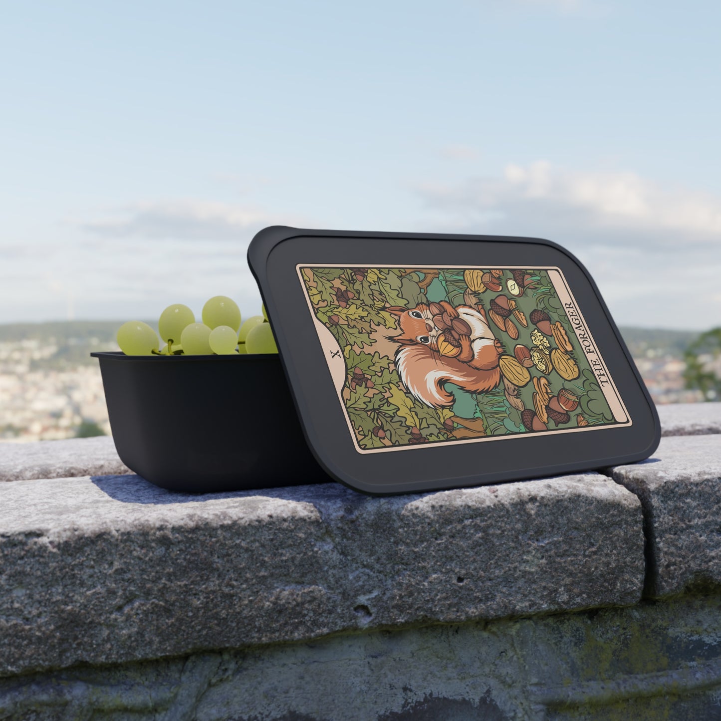 Forager Squirrel and Acorns Tarot Card Illustration Bento Box | PLA Lunch Box with Band, Foraging Squirrels Woodland Artwork