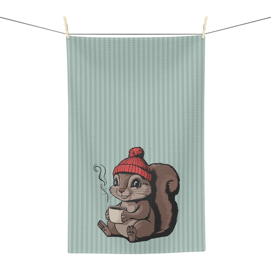 Cozy Squirrel Kitchen Hand Towel Microfiber Tea Towel with Squirrel in Beanie with Cup Of Coffee Graphic Print