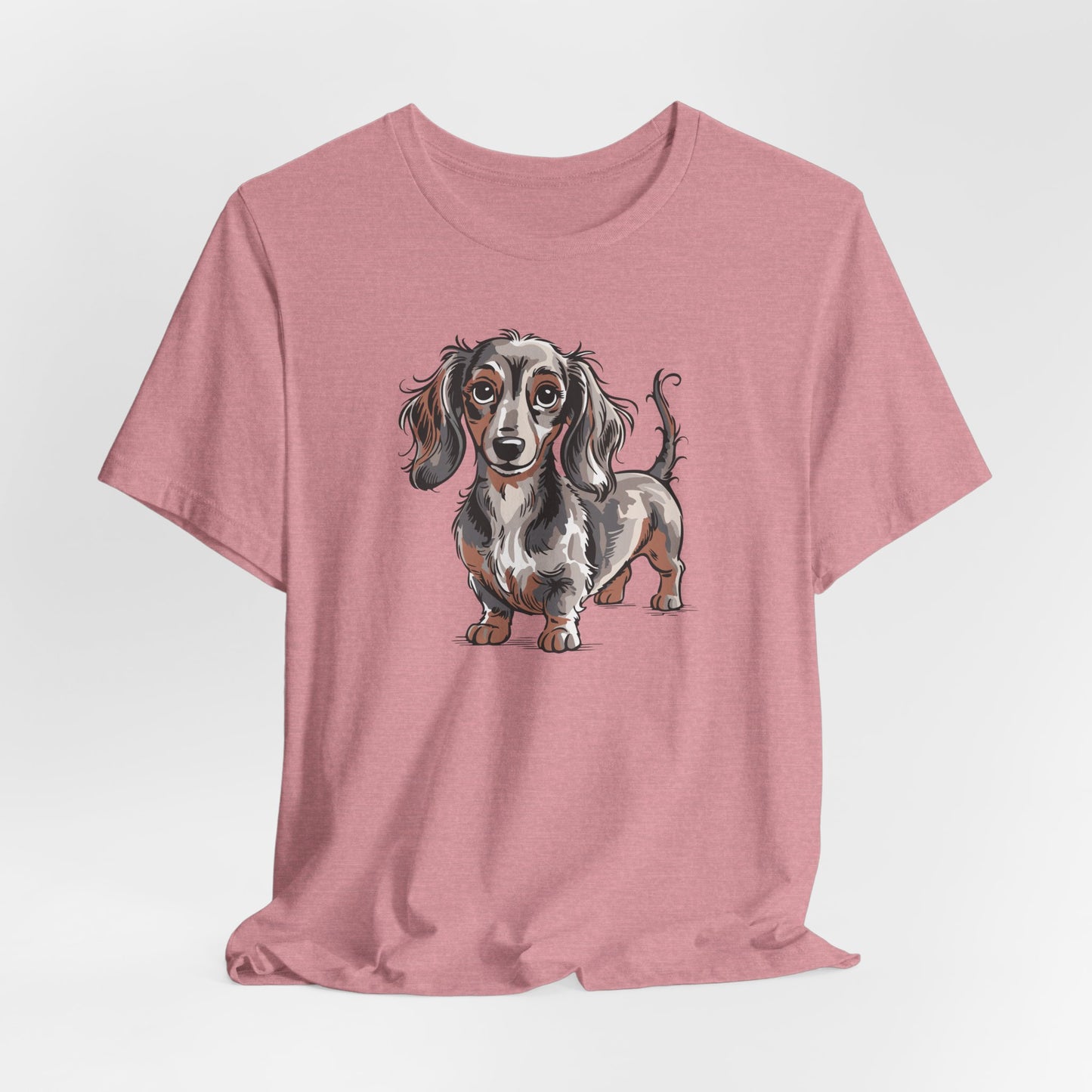 Long Haired Dachshund Dog Illustration T-shirt | Cute Wiener Dogs Tee, 100% Cotton Short Sleeve Shirts