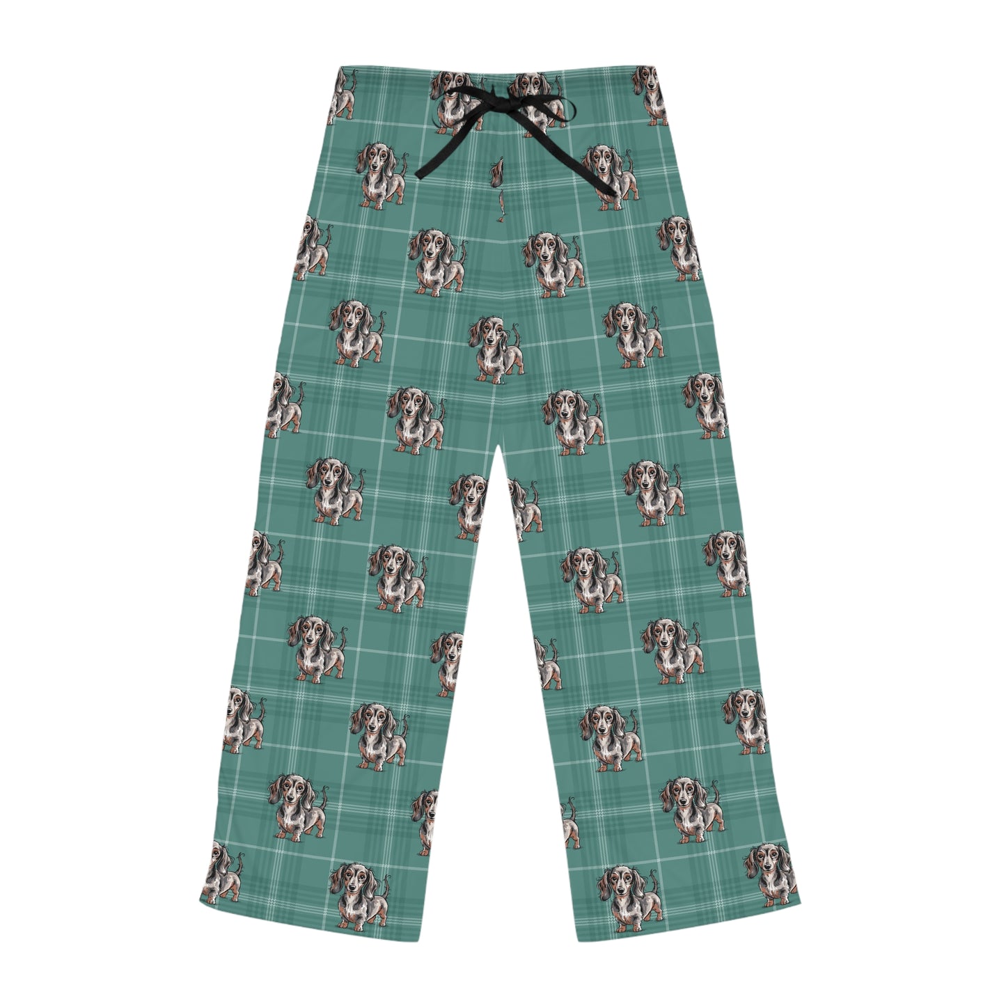 Long Haired Dachshund Dogs Plaid Pajama Pants | Teal Wiener Dog Doxie Pattern Pajamas Loungwear Sleepwear PJ Bottoms