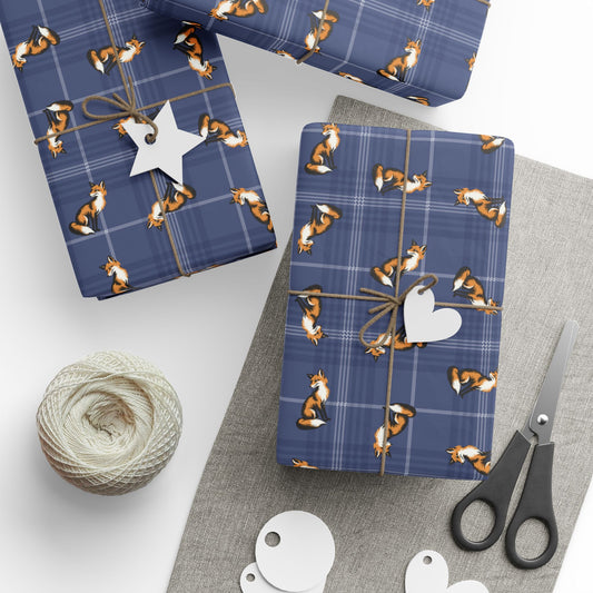Fox Pattern Wrapping Paper, Foxes Blue Plaid Gift Wrap Roll, Woodland Animal Holiday, Birthday, Christmas, Anniversary Matte Finish