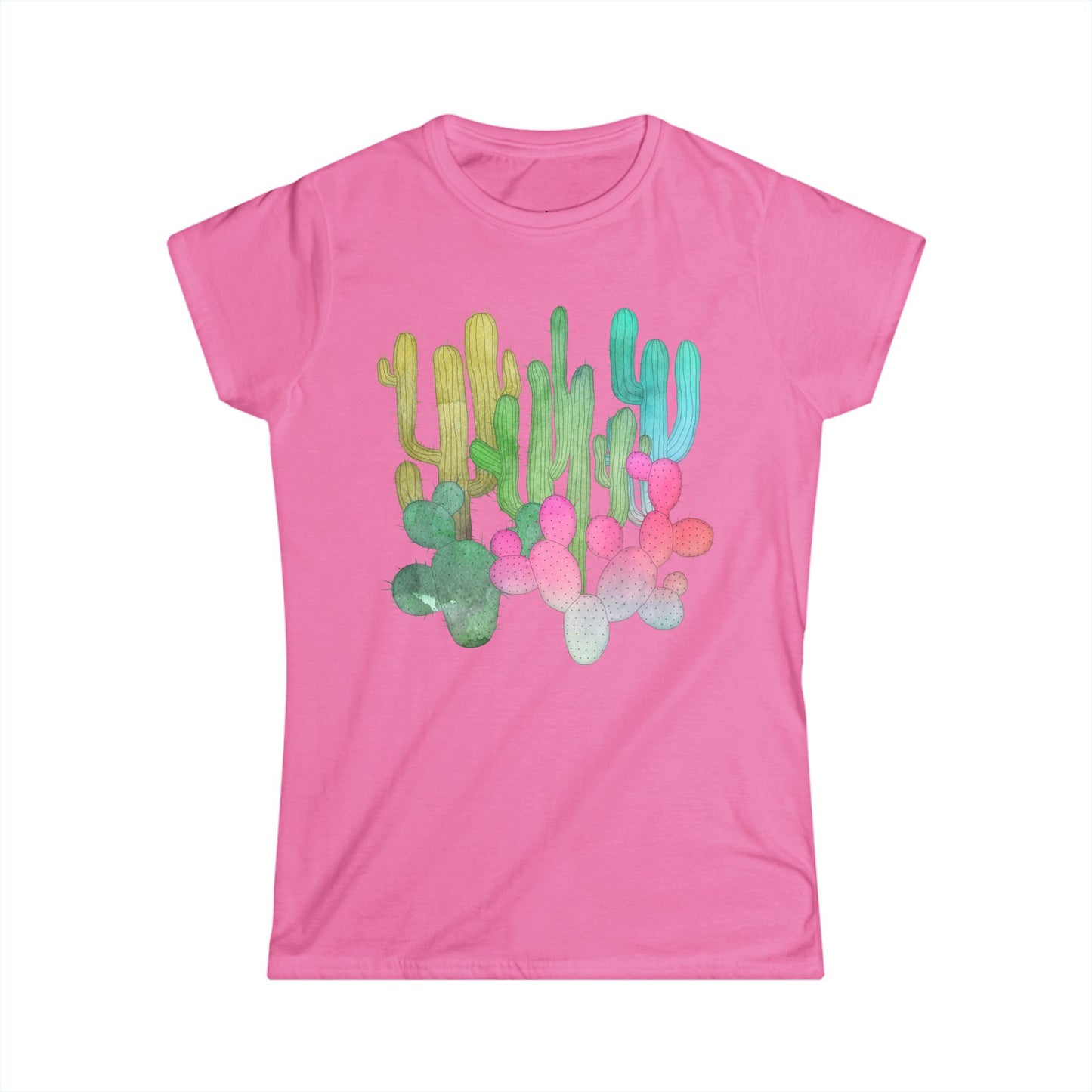 Cactus Garden Arizona Desert Women's Fitted T-shirt Colorful Saguaro Cactus Print on Ladies Cotton Tee