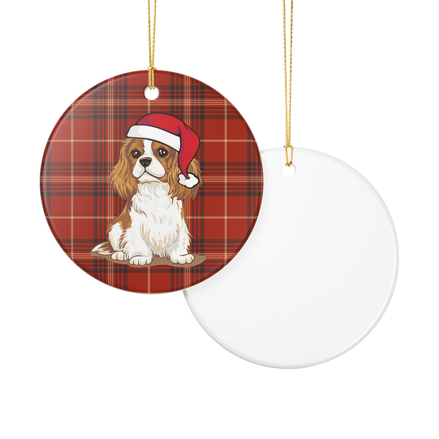 Cavalier King Charles Spaniel Dog Christmas Tree Ornament, Santa Dogs Holiday Decorations, Pet Lover Gift, Red Plaid Ceramic Ornaments