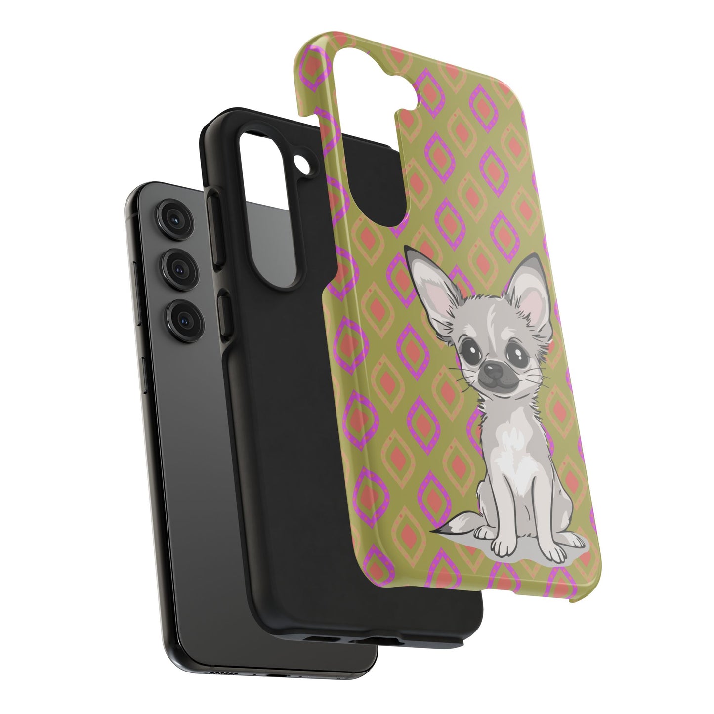 White Chihuahua Puppy Dog Phone Case, Tough Phone Cases Pet Dogs Retro Green  Pattern