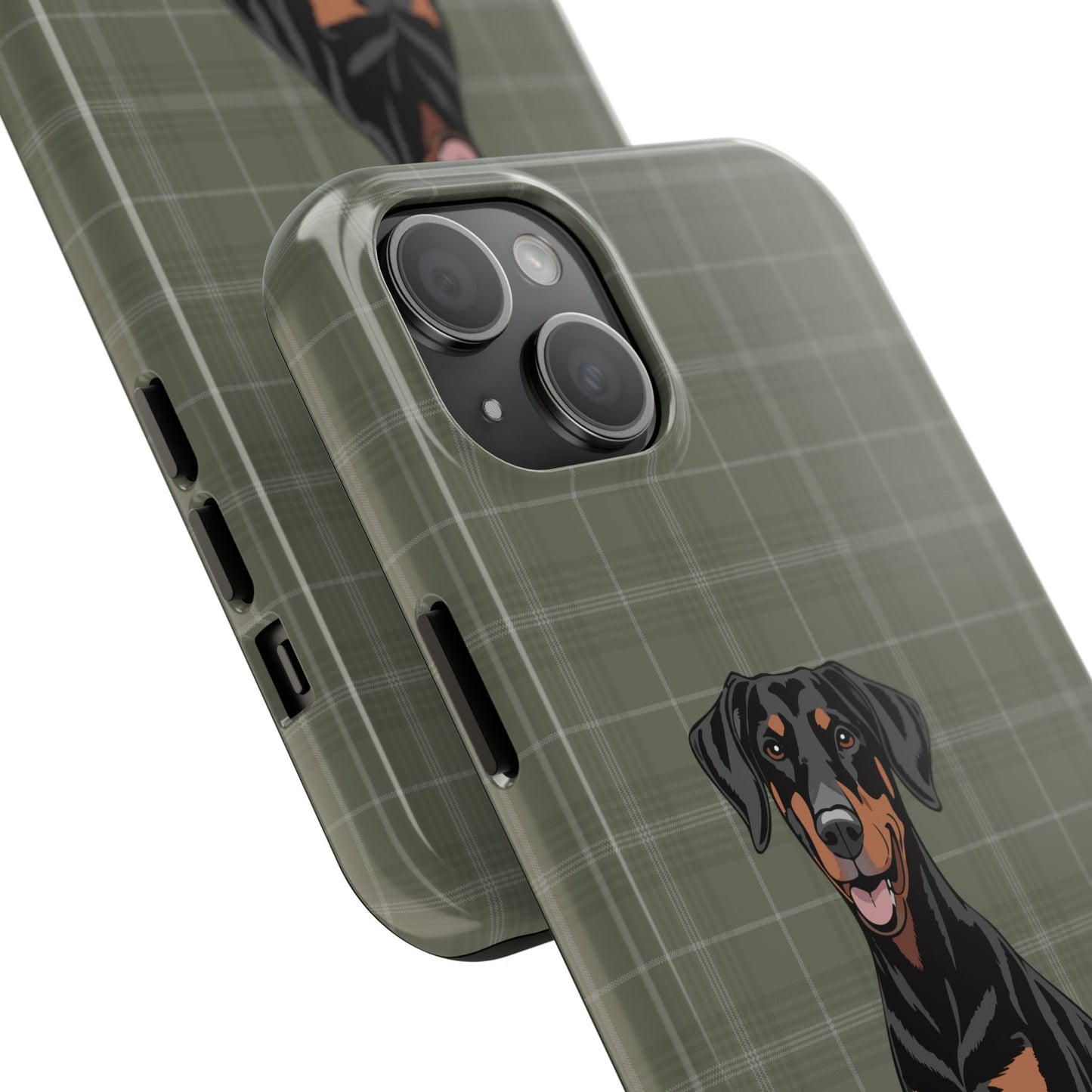 Doberman Pinscher Dog Phone Case, Tough Phone Cases Pet Dogs Green Plaid Pattern