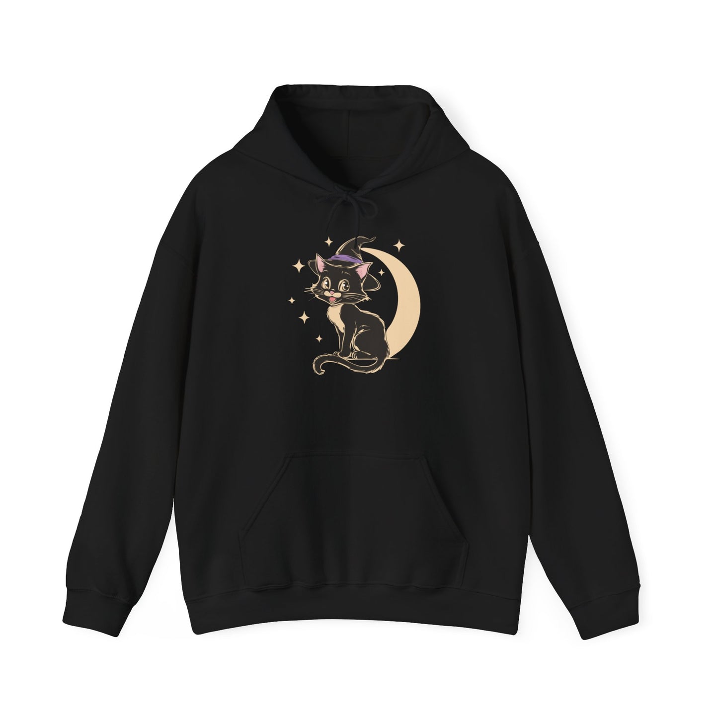 Witchy Kitty Pullover Hoodie Halloween Hooded Sweatshirt with Black Cat with Witch Hat & Crescent Moon Print