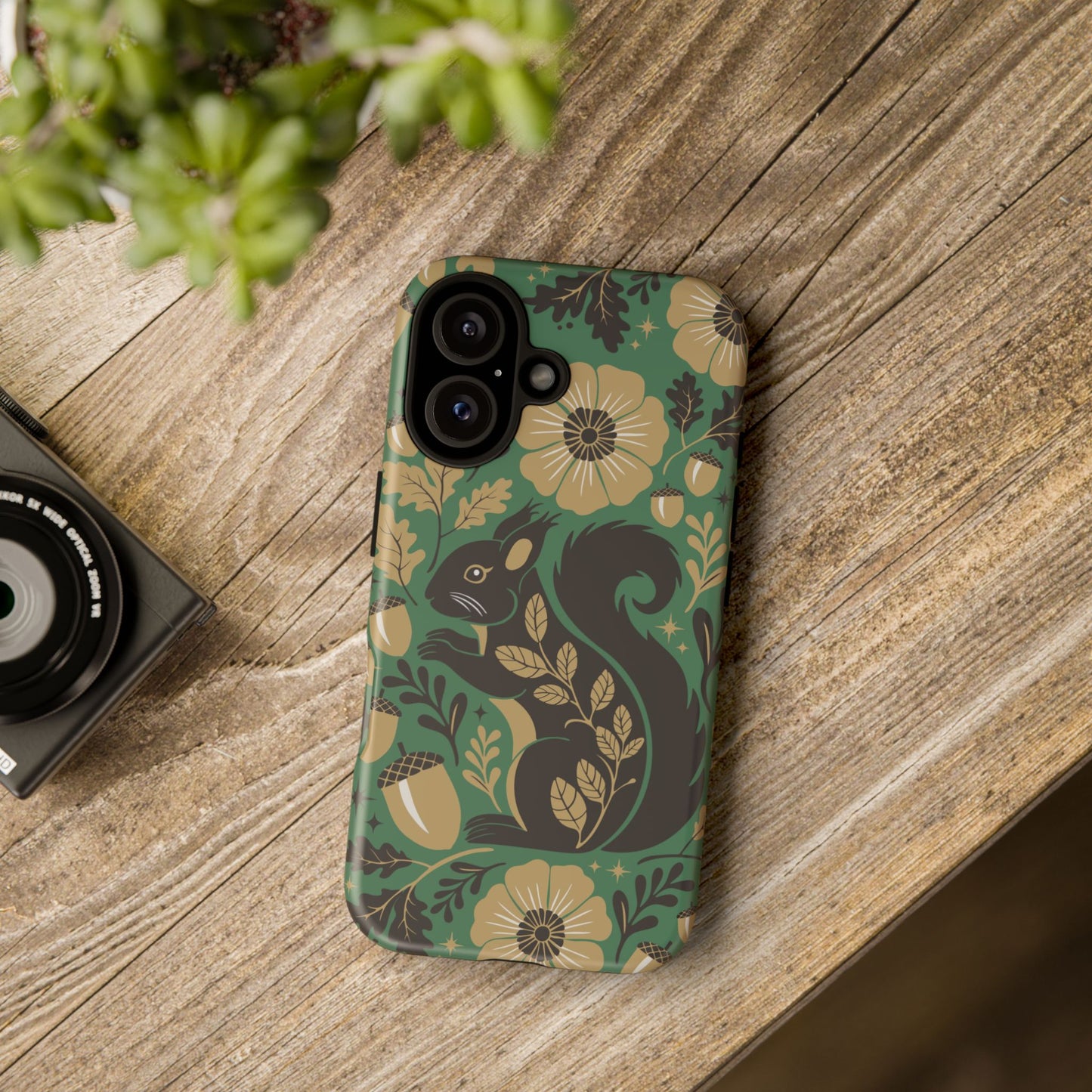 Green Squirrel Floral Pattern Cell Phone Case | Botanical Folk Art Acorn Leaves Design, Iphone Google Pixel Samsung Cases Matte Finish
