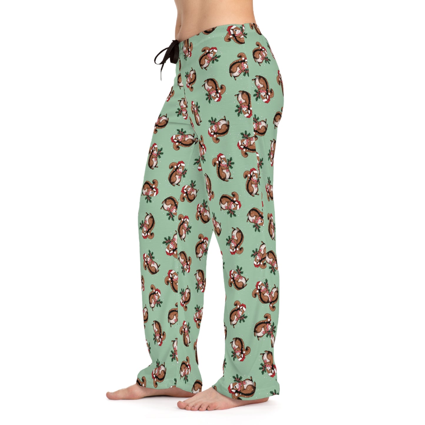 Christmas Squirrel Women's Pajama Pants, Festive Holiday Xmas Squirrels In Santa Hat Comfy Drawstring Pajamas, Cozy Winter Pajama Bottoms