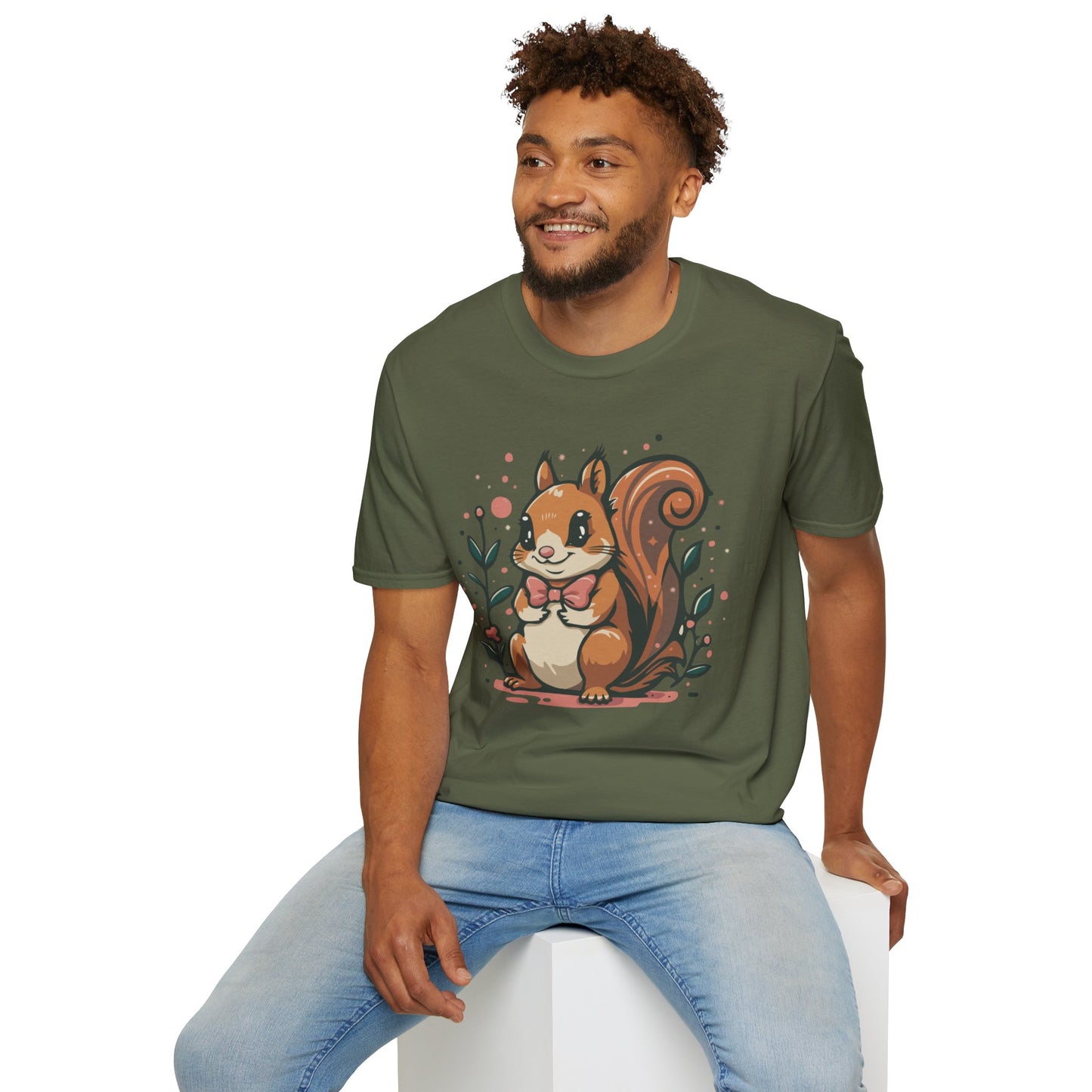 Woodland Squirrel Soft Style T-Shirt - Cute Squirrel with Bowtie and Flowers on Soft Unisex Tee