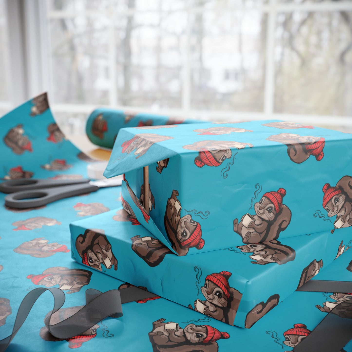 Cozy Squirrel Wrapping Paper, Fall Autumn Squirrels Print, Teal Turquoise Gift Wrap, Cute Animal Coffee Mug Pattern