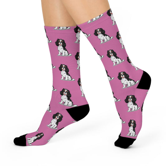 Charlie Tricolor Cavalier King Charles Spaniel Dog Pattern Pink Cushioned Crew Socks with Pet Dogs Cavalier Puppy Print
