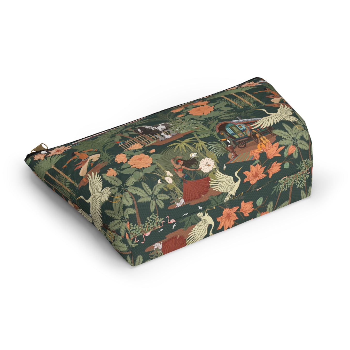 Tropical Nomad Floral Birds Makeup Bag Accessory Pouch, Green Island Palms Travel Cosmetics Zipper Case