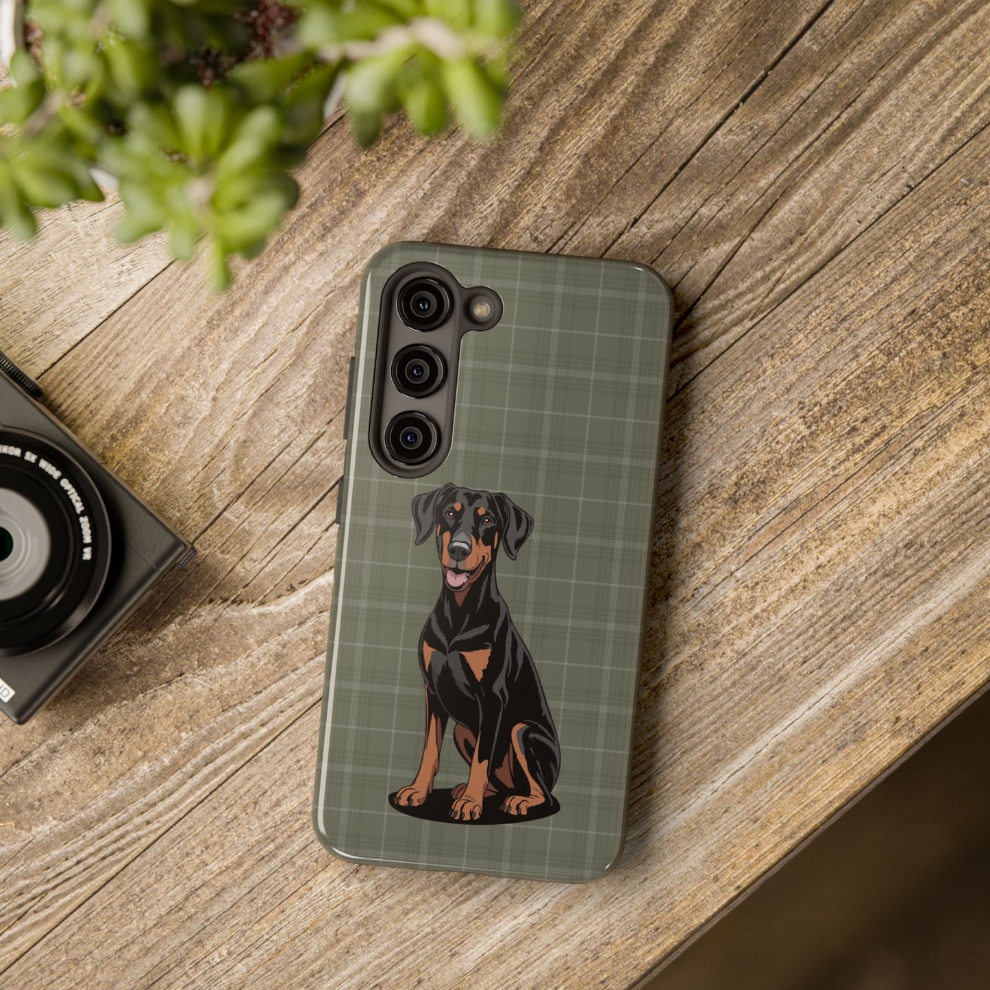 Doberman Pinscher Dog Phone Case, Tough Phone Cases Pet Dogs Green Plaid Pattern
