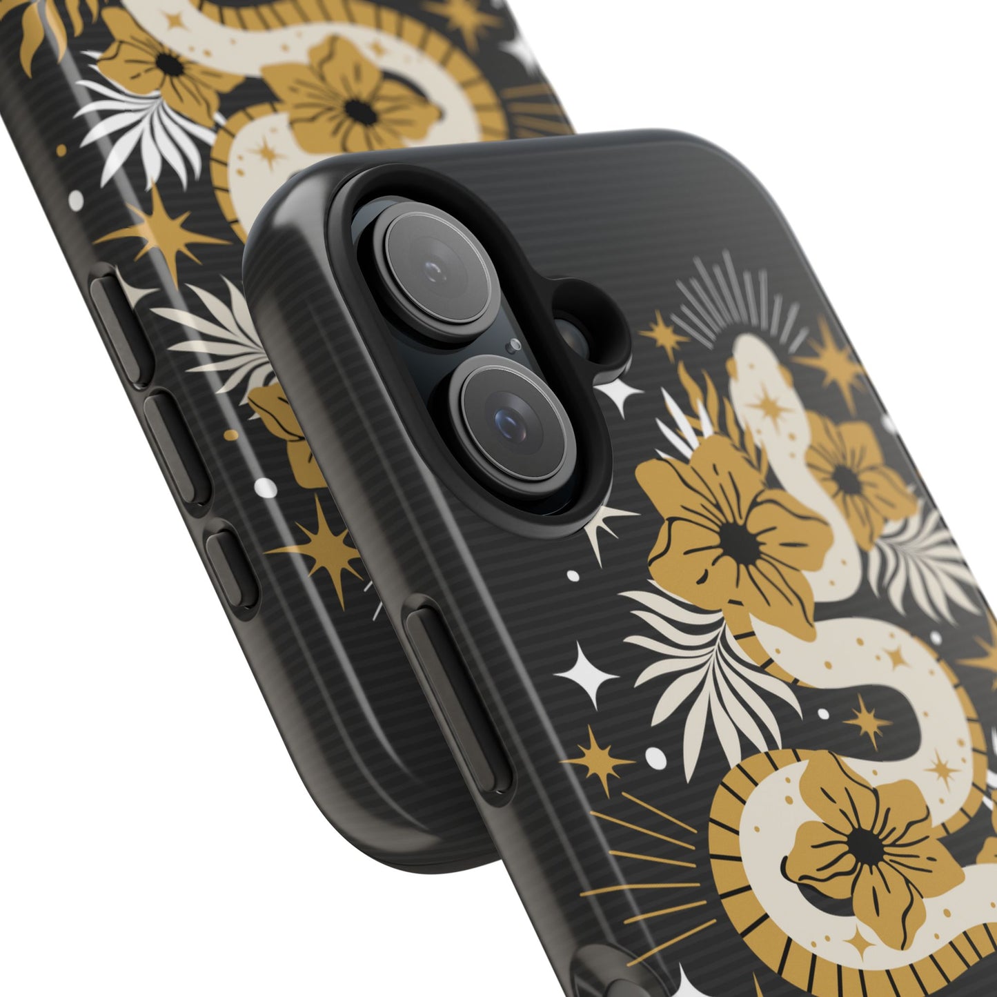 Mystic Snake Cell Phone Case, Black Tough Cases, Protective Floral Golden Serpent Boho Design