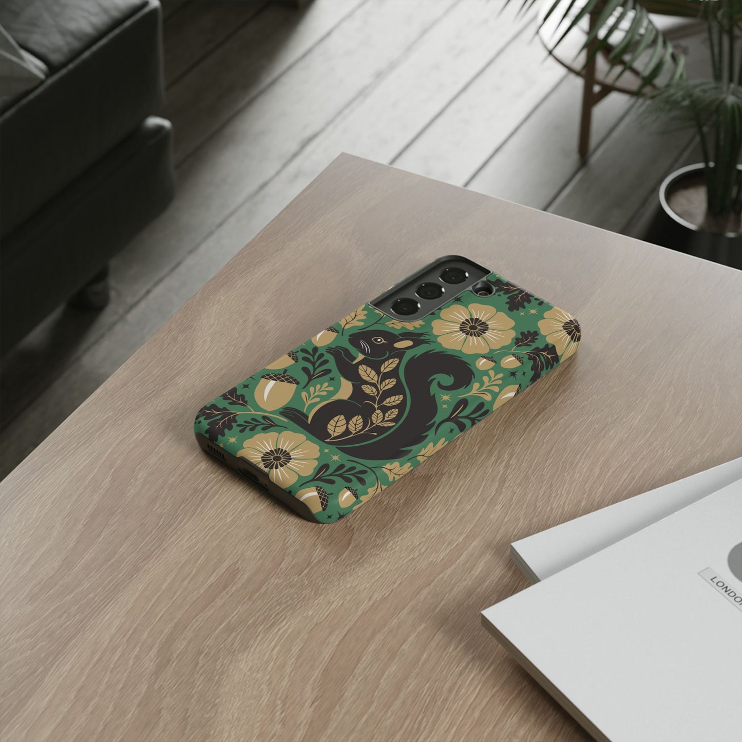 Green Squirrel Floral Pattern Cell Phone Case | Botanical Folk Art Acorn Leaves Design, Iphone Google Pixel Samsung Cases Matte Finish