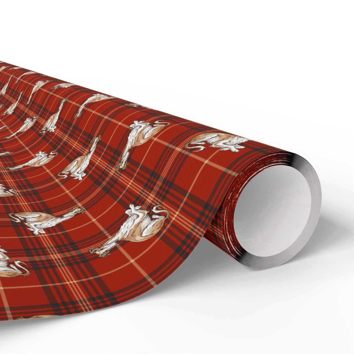 Borzoi Dog Red Plaid Wrapping Paper, Russian Hunting Sighthound Christmas Holiday Gift Wrap Roll 30×180