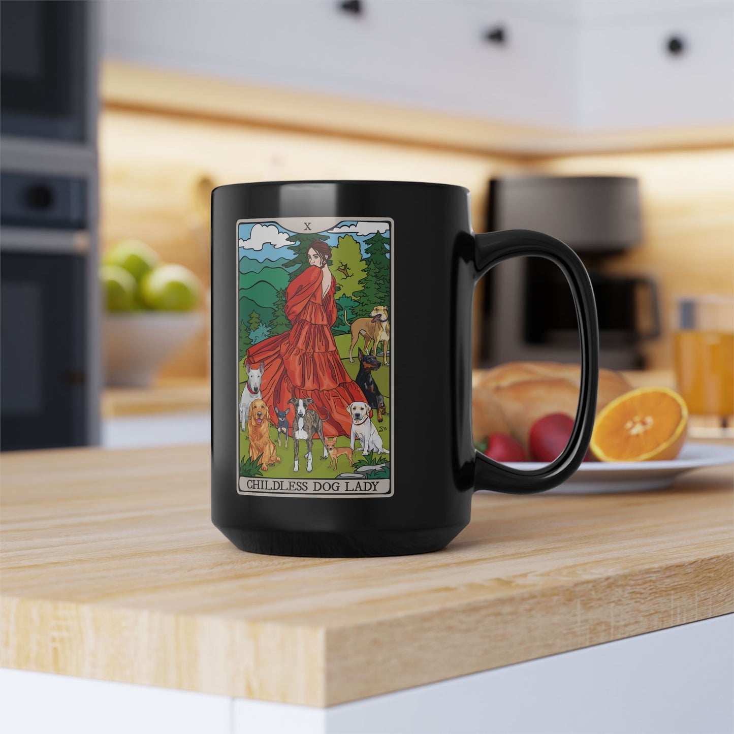 Black Mug - Childless Dog Lady Tarot Card Ceramic Coffee Cup, 15oz - Dog Lover Gift, Woman with Dogs Mugs, Tarot Card Reader Gifts