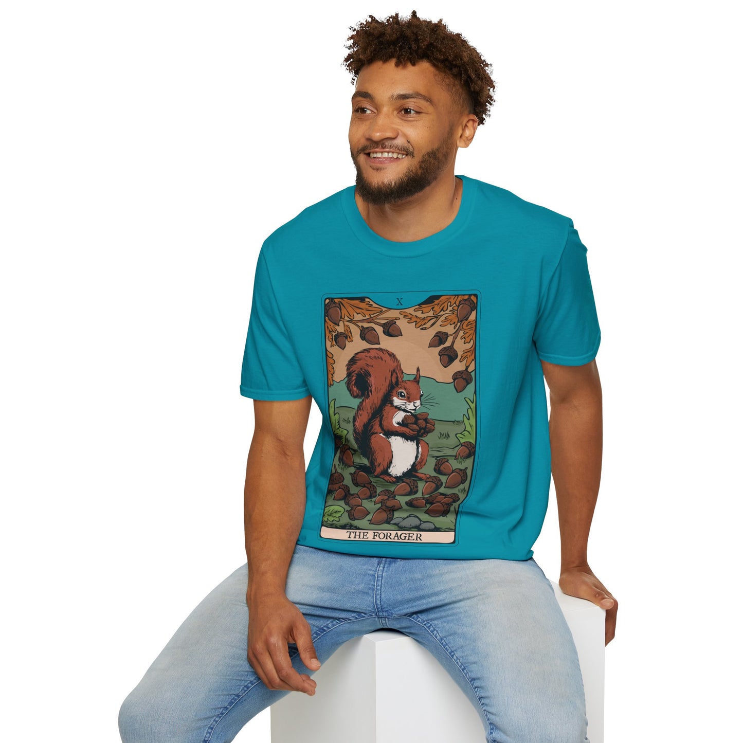 The Forager Squirrel Tarot Card T-shirt Softstyle Graphic Tee with Nut Foraging Squirrels Tarot Card Print