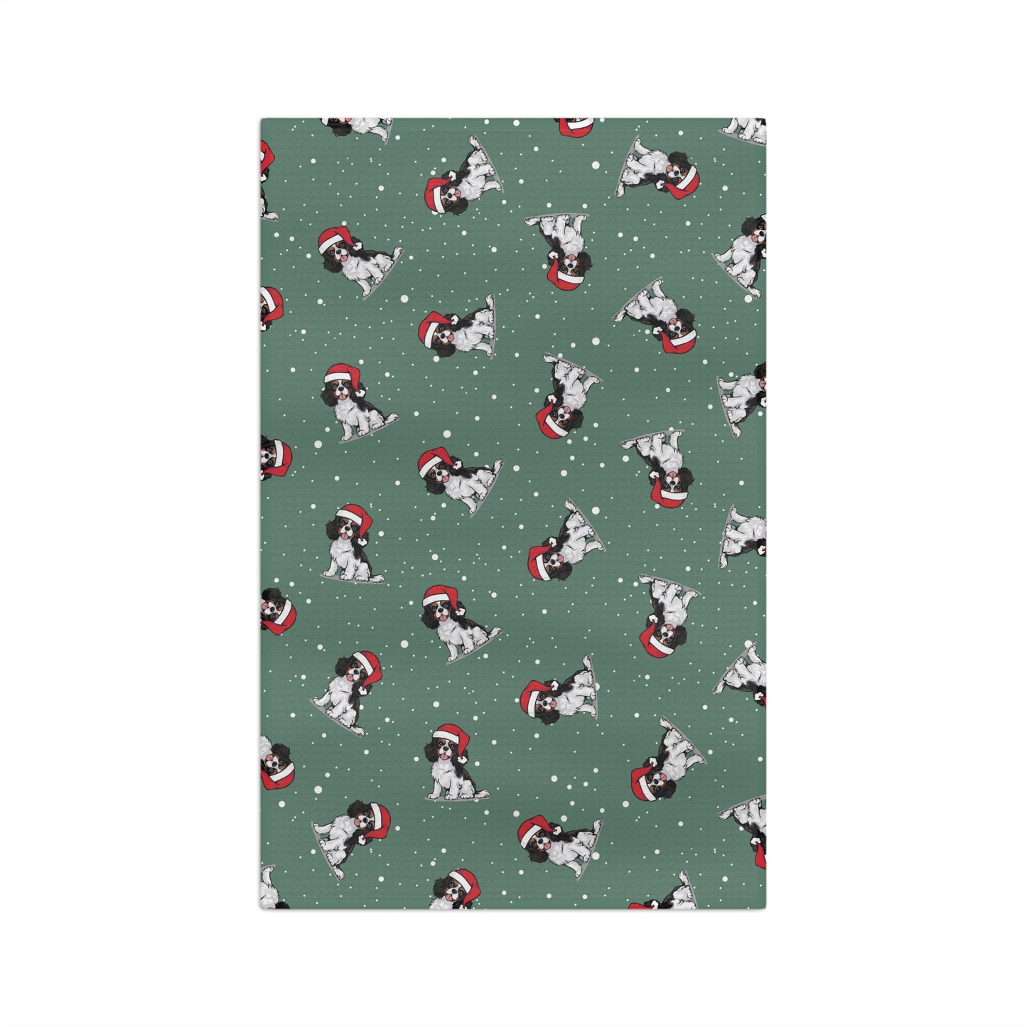 Cavalier King Charles Spaniel Dog Christmas Kitchen Hand Towel Microfiber Green Holiday Tea Towel with Dogs in Santa Hat Pattern