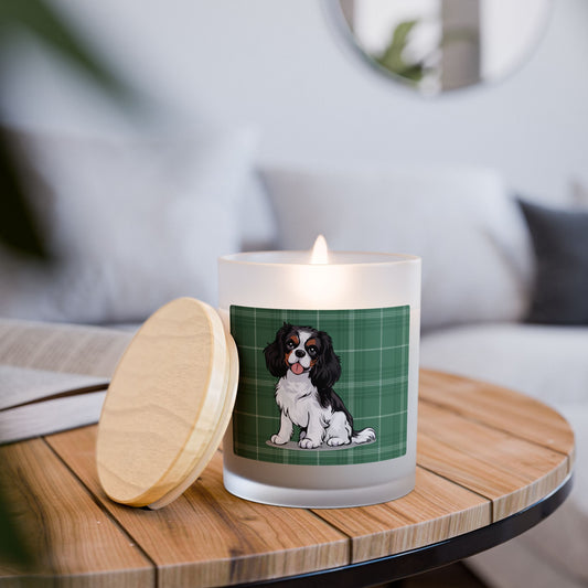 Tricolor Cavalier King Charles Spaniel Dog Frosted Glass Candle, Holiday Christmas Candles Pet Memorial Gifts