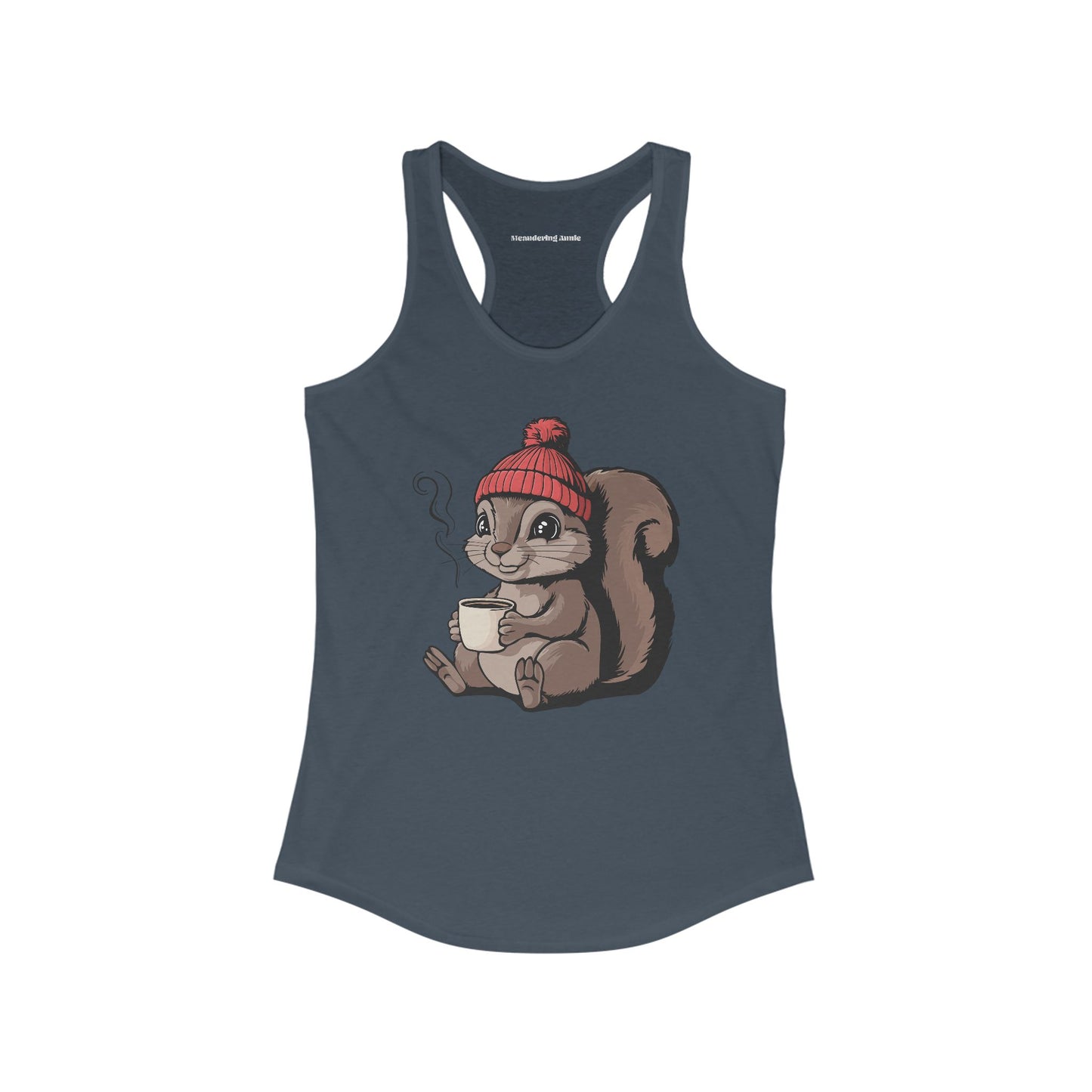 Cozy Squirrel Women's Racerback Tank Top with Squirrel in Beanie with Cup Of Coffee Graphic Print