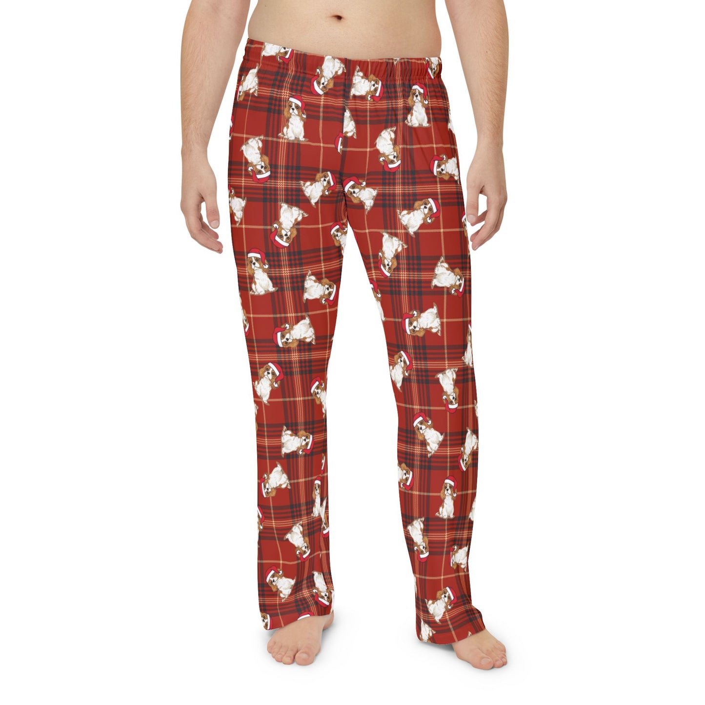 Red Plaid Cavalier King Charles Spaniel Dog Men's Christmas Pajama Pants, Santa Dogs PJ Bottoms, Winter Loungewear, Holiday Sleepwear