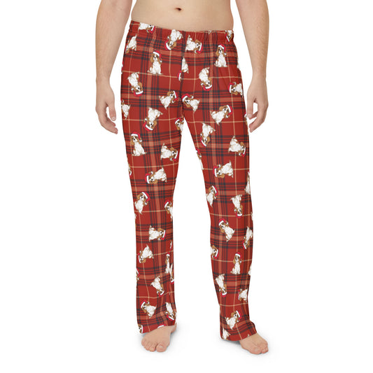 Red Plaid Cavalier King Charles Spaniel Dog Men's Christmas Pajama Pants, Santa Dogs PJ Bottoms, Winter Loungewear, Holiday Sleepwear