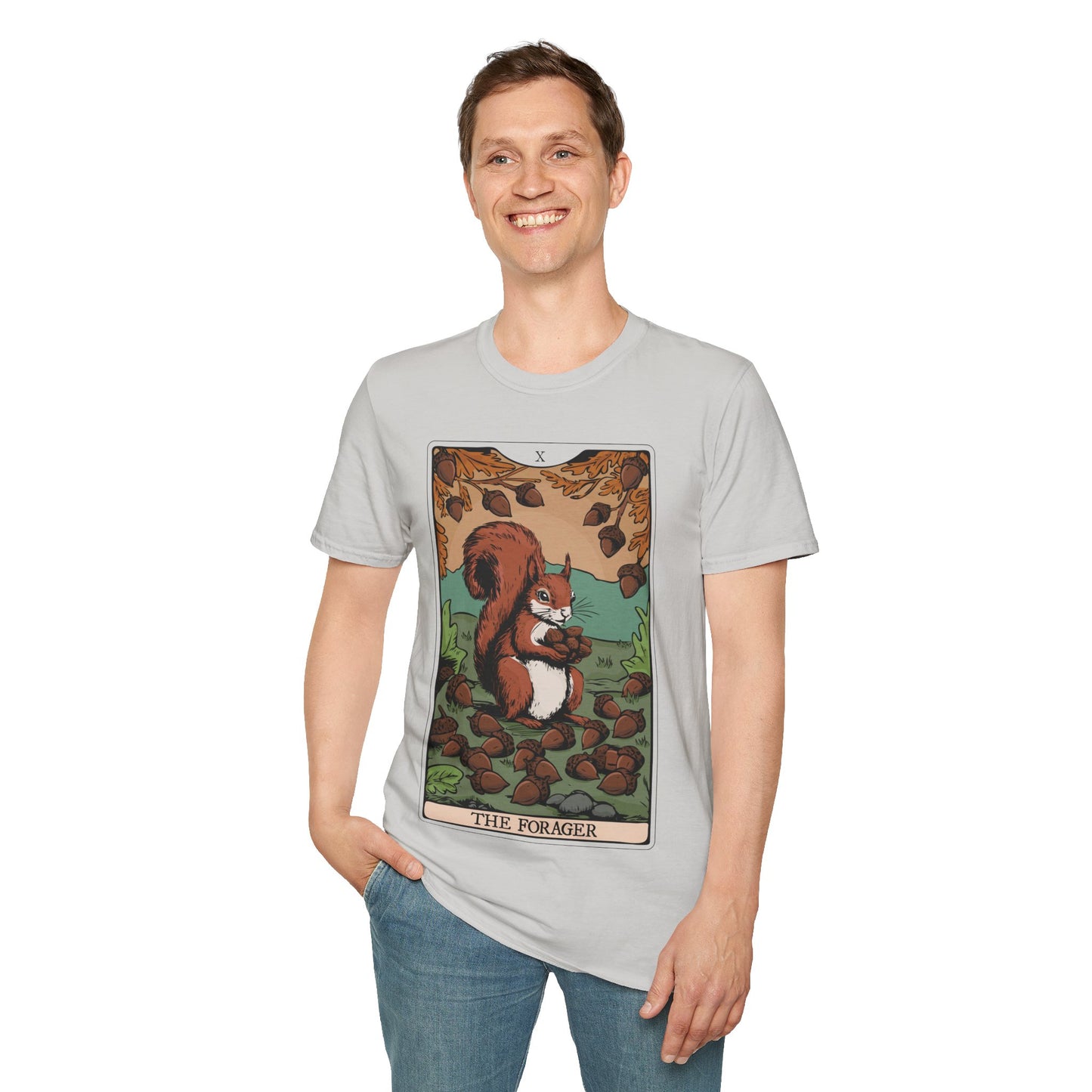 The Forager Squirrel Tarot Card T-shirt Softstyle Graphic Tee with Nut Foraging Squirrels Tarot Card Print