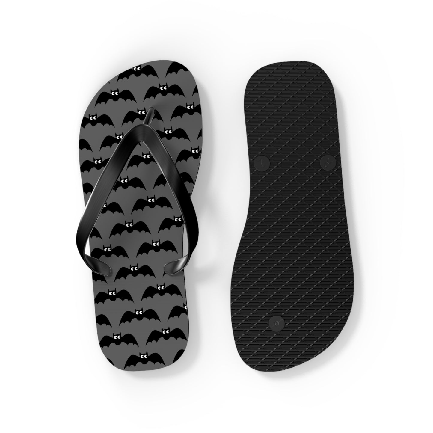 Bat Pattern Flip Flops | Black & Gray Goth Halloween Bats Print Sandals, Gothic Beach Pool Summer Footwear